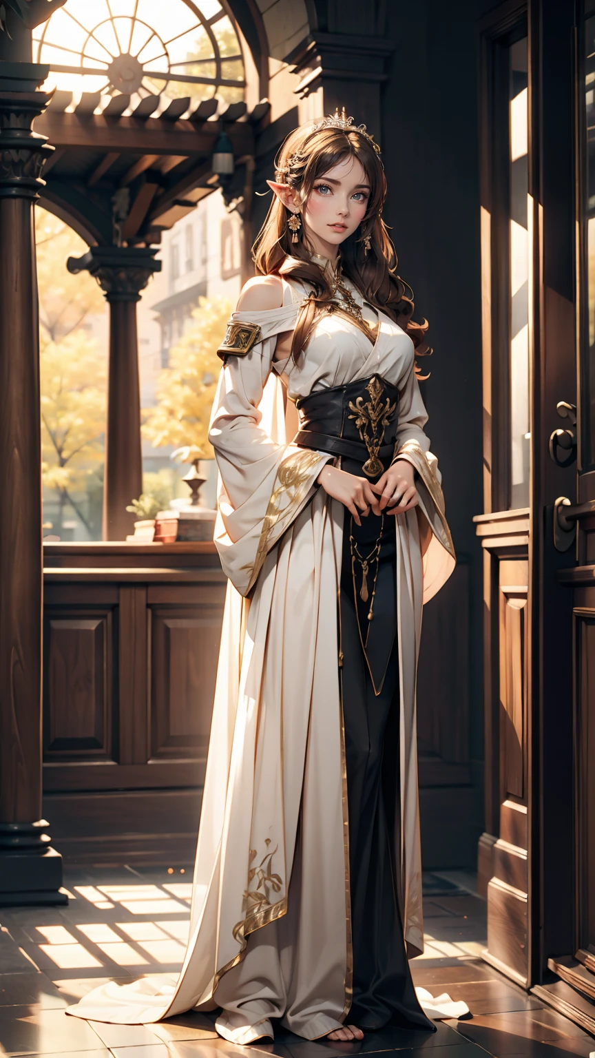 Princess Zelda full body shot, Brown Hair, blue eyes, Dressed as an Assassin's Creed Assassin, white+In gold、whiteいマスクと金色のディテールが施されたフード, XL Bust, Using the Wrist Blade. background: Renaissance city. Unreal Engine 5, anime, anime style, masterpiece, Well drawn eyes, Well-drawn faces, 細部までWell drawn eyes, 細部までWell-drawn faces, 8K, Light and shadow effects. Sexy proportions、Sexy、Narrow waist、Straight Bob Cut、Brown Hairから赤のグラデーションカラー
