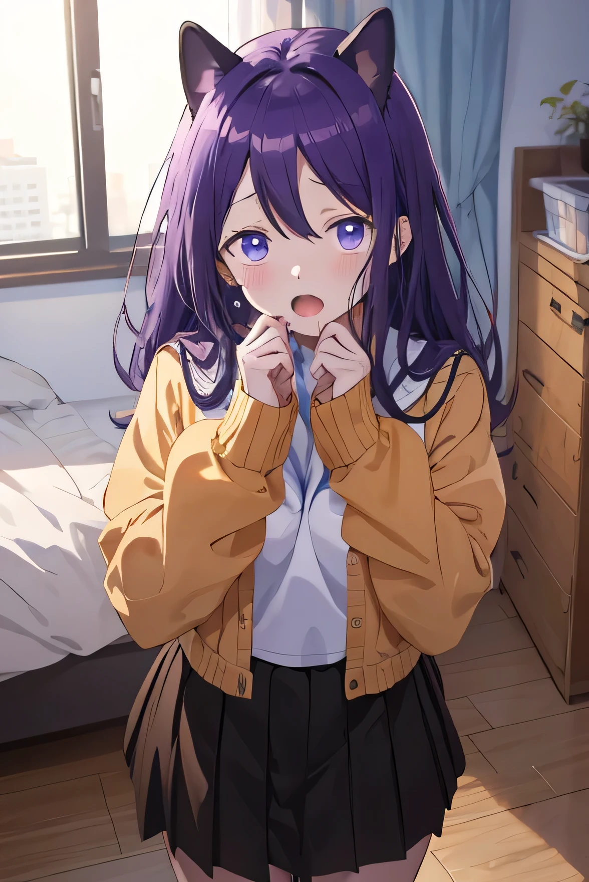 Masterpiece、Anime Coloring、Ultra fine、8K、Open your mouth wide、Lower Angle、whole body、blush、Parted bangs、Sailor suit、Brown cardigan、((Skirt flip、White underwear))、Bedroom、blue sky、night、Purple Hair、Are standing、Purple cat ears、Dark Room