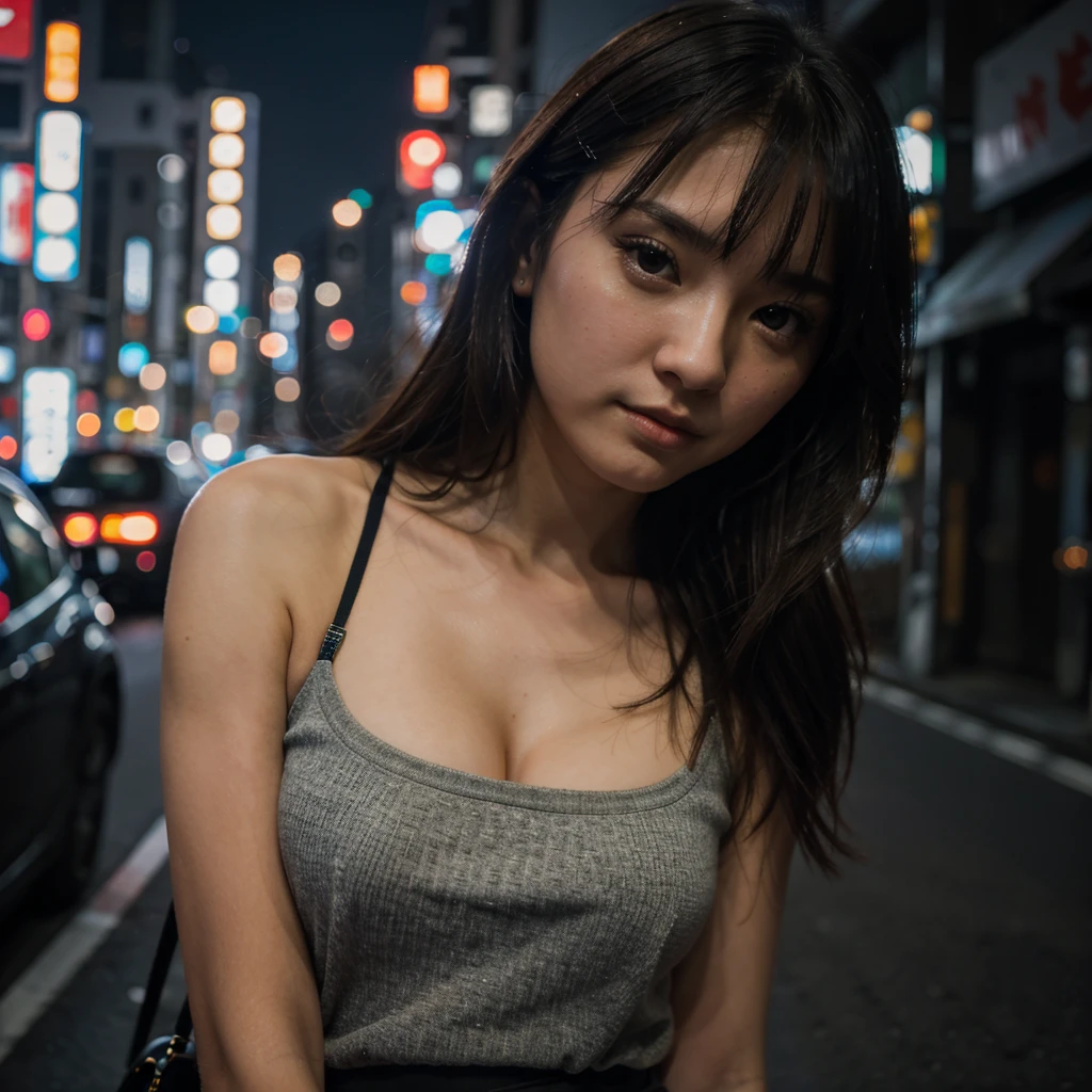 1girl, Tokyo street, night, cityscape, city lights, upper body, close-up, 8k, RAW photo, best quality, masterpiece, realistic, photo-realistic, selfy, selfie,