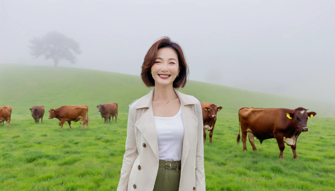 beautiful scenery, 8K Top Quality, Vivid picture quality, 1 woman, Beautiful 46-year-old Korean woman, Chest size 34 inches, Model-level beautiful woman, Smile. Napa Valley, California, USA, dawn, A green meadow with no end in the distant fog, Cows graze on a pasture in thick fog. The background is realistic and vivid quality.., short medium bob hair, White t-shirt that goes up to the neck , light trench coat, casual pants, Perfect and realistic photos, The background is realistic.. Full body shot with Canon camera 16-35 wide angle lens