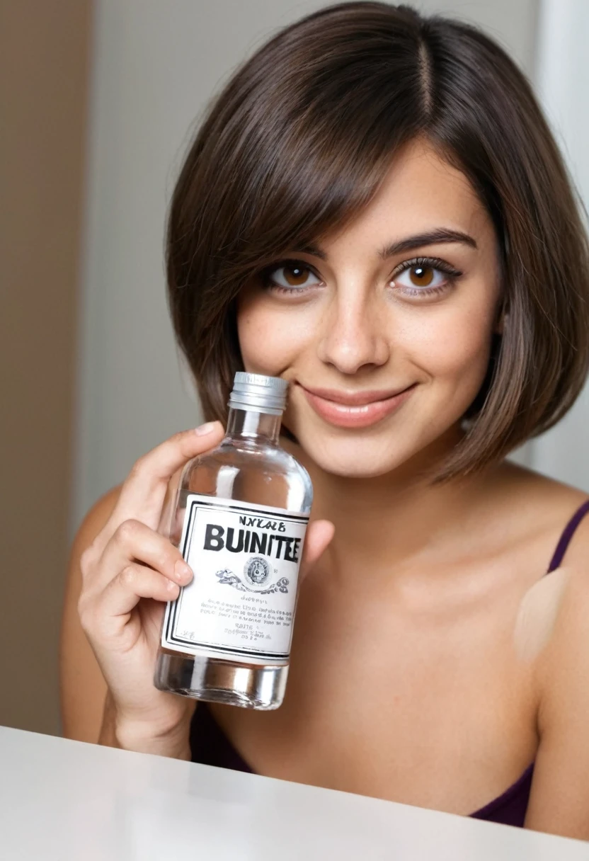 girl 30 years old,  medium build brunette,  high, Bob haircut, Round oval face, narrow lips, big brown eyes , rounded chin, smiling. He holds a flask with vodka in his hands.