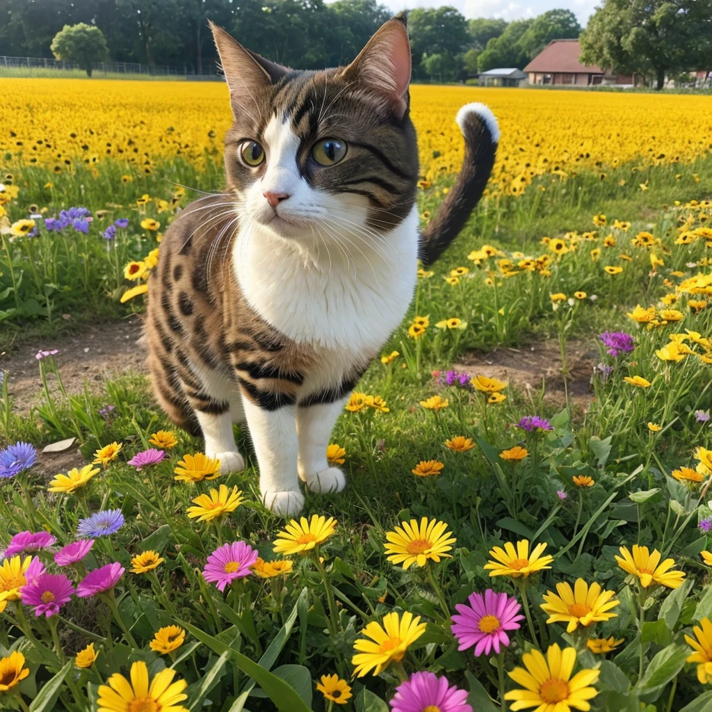 Flower field Cat Cat punch Round face Butterfly々 Looking at the sky, ears drooping
