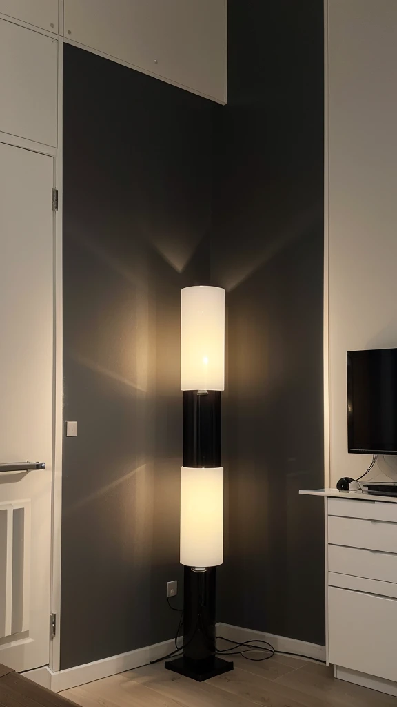Une vue plongeante d'un magnifique salon très moderne, plongé dans l'obscurité de la nuit. En face, un grand canapé design, au style épuré, est placé devant une très grande télévision fixée au mur. La télévision, équipée de la technologie Ambilight, projette une douce lumière colorée autour de l'écran, créant une ambiance chaleureuse et futuriste dans la pièce. Le reste du salon est élégamment décoré, avec des meubles modernes et des accessoires minimalistes, mais reste dans l'ombre pour mettre en valeur l'effet lumineux de la télévision. La scène est silencieuse et paisible, avec des touches subtiles de lumière reflétant sur les surfaces environnantes.