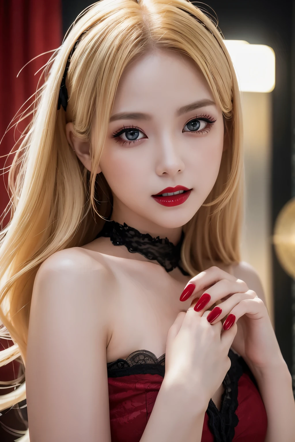 8K、Photorealistic RAW photos of the highest quality。so beautiful(A vivid face) Bright colors、Image of a perfect adult woman、Laughter、Art Station Trends、masterpiece、8K resolution、Fantasy art、Ultra-high resolution,,Mr..々Pause,charm,sexy,Rich colors, Backlight, Cinema Lighting, Film Grain, to be born, 50mm lens, Nikon D850,Vampire Queen,Glowing red eyes,White skin,Ultra-Realistic Skin,Luxurious red dress,Red lipstick,Red nails,Inside the Labyrinth,Vampire Fangs,sexyな外装,blonde,Adult women,