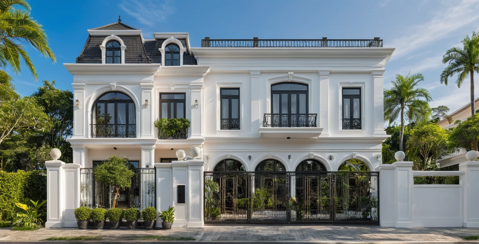 neoclassical villa on the street, (daylight), tropical plants, vivid colors, streetscape, wide gate, white tones, white walls, large glass doors, warm interior lighting , wood and marble, best quality, 20ArchiAI_XL_NeoTH-v2