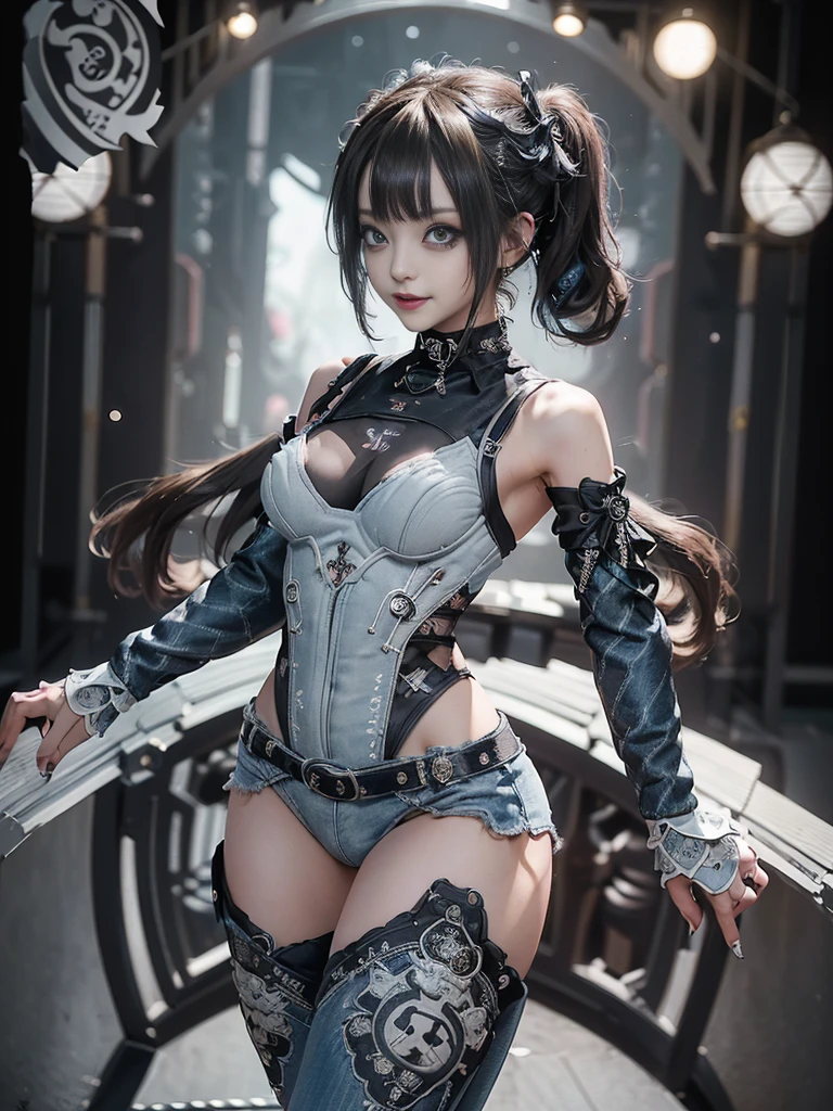 (Full body view:1.4)、(Side view:1.2)、(Smiling with teeth showing:1.3),(Shibuya Gal:1.5)、(Gothic Lolita style fashion:1.5)、(Punk RockVisual Kei:1.5)、(Wearing a rhythmic gymnastics bodysuit with intricate details:1.4)、(Racing suit and pants with intricate decorations in white, denim and charcoal:1.5)、(Denim and light blue and white boots:1.3)、((belt))、(Numerous delicate logo marks all over the costume:1.4)、(collar:1.3)、(Striped underwear:1.5)、20-year-old、NSFW、((Highest quality、In 8K、masterpiece:1.3))、Sharp focus:1.2、(Layered Cut、Huge boobs:1.1),Beautiful woman with perfect figure:1.4、(Dancing vigorously:1.3)、Slender Abs:1.2、Highly detailed face and skin texture、Detailed eyes、double eyelid,(Twin tails:1.3)、(Brown Hair:1.3)、Gravure idol、(The background is the stage of the fashion show:1.3)、(Slim body:1.3),(Make your legs thinner:1.4),（clavicle:1.1）、(Thin and slim thighs:1.3)