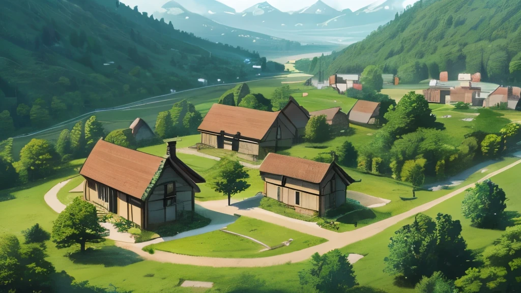 Illustration of a village with a house in the forest.