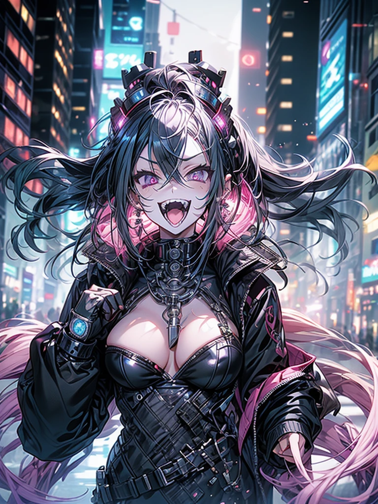 woman、Early 20s、cyber punk、Wicked Smile、Black Hair、Long Hair、Multicolored Hair、Purple Eyes、breast enhancement、sexy、Tight combat suit、R-18、Kung Fu、Double pistol