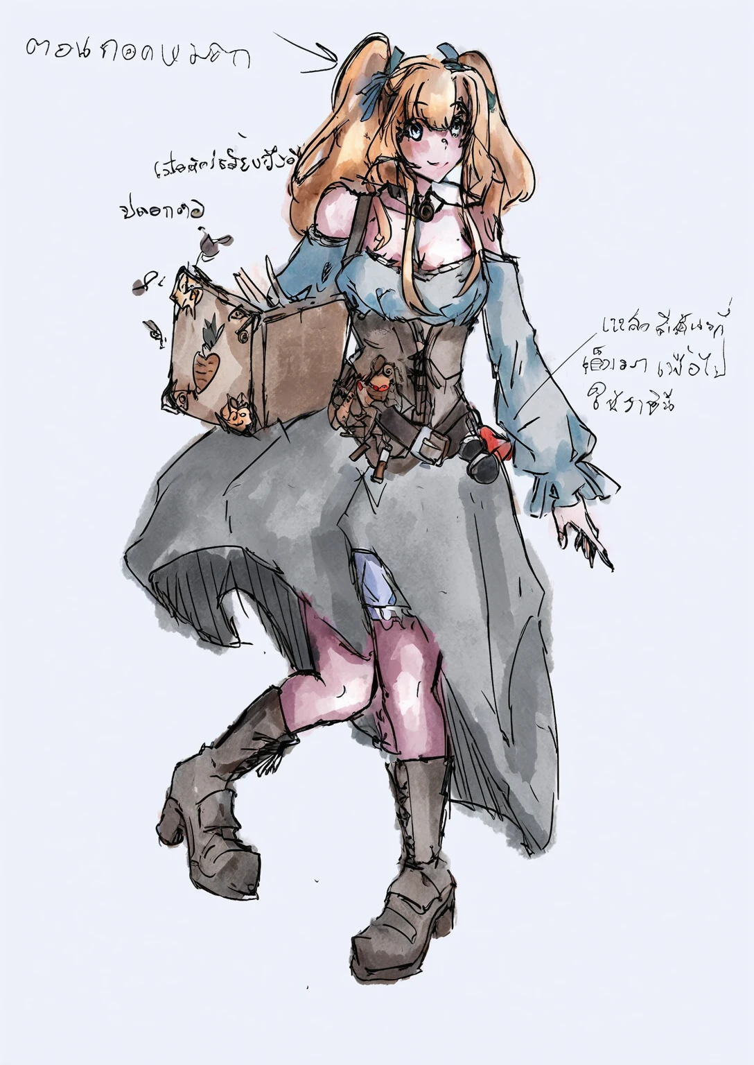 Drawing of a woman in a dress with a suitcase, witchสาวยานยนต์, [ concept art ]!!, Steampunk inventor girl, ( ( character concept art ) ), Steampunk beautiful anime woman, concept art!!, Cyborg merchant girl, human :: witch, Alchemist Girl, Anime in fantasy style, concept art of comiket cosplay, Female protagonist 👀 :8