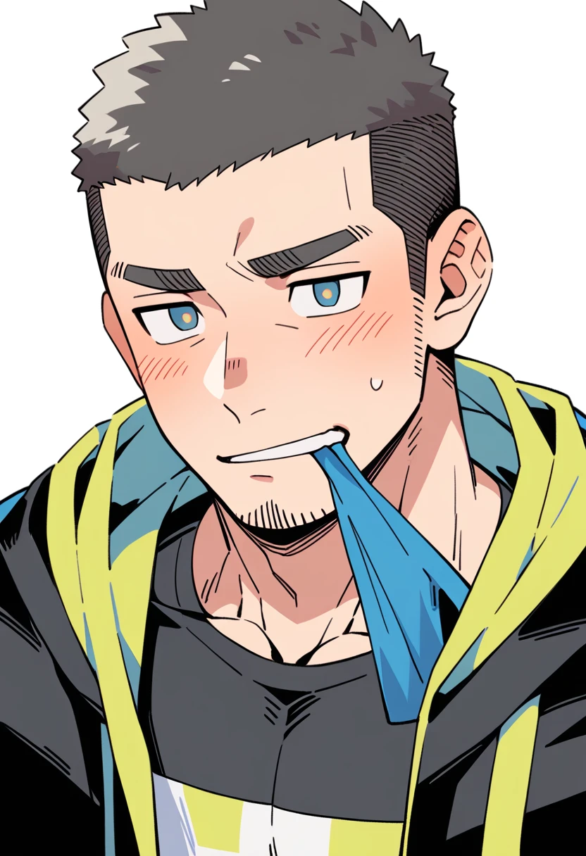 anime characters：Priapus, Muscle Sports Student, Buzz Cut, Manliness, male focus, Sports tight hooded sweatshirt, Very tight, full and perky chest muscles, muscular male, muscular, only, Upper body, alone, Black short hair, Thick eyebrows, stubble, Brown-red pupils, White background, simple background, amazing quality, best aesthetics, Ridiculous, crew cut, blush, Biting a pair of white panties, embarrassed, shy, endured face, negative space, best quality