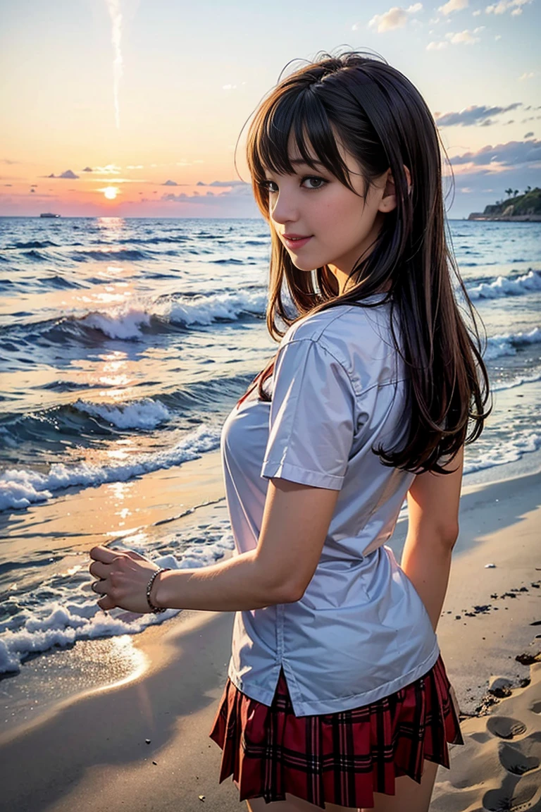 One girl, alone,smile, Beach,(sunset:1.1), Akagi_Also(denchi project), alone, Star hair ornament, Twin Blade,Shine, From behind, Recall, huge sunset,Red float, uniform, night, wave hands, Ocean