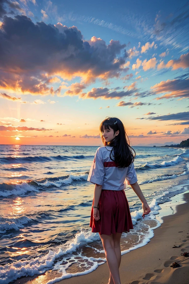 One girl, alone,smile, Beach,(sunset:1.1), Akagi_Also(denchi project), alone, Star hair ornament, Twin Blade,Shine, From behind, Recall, huge sunset,Red float, uniform, night, wave hands, Ocean