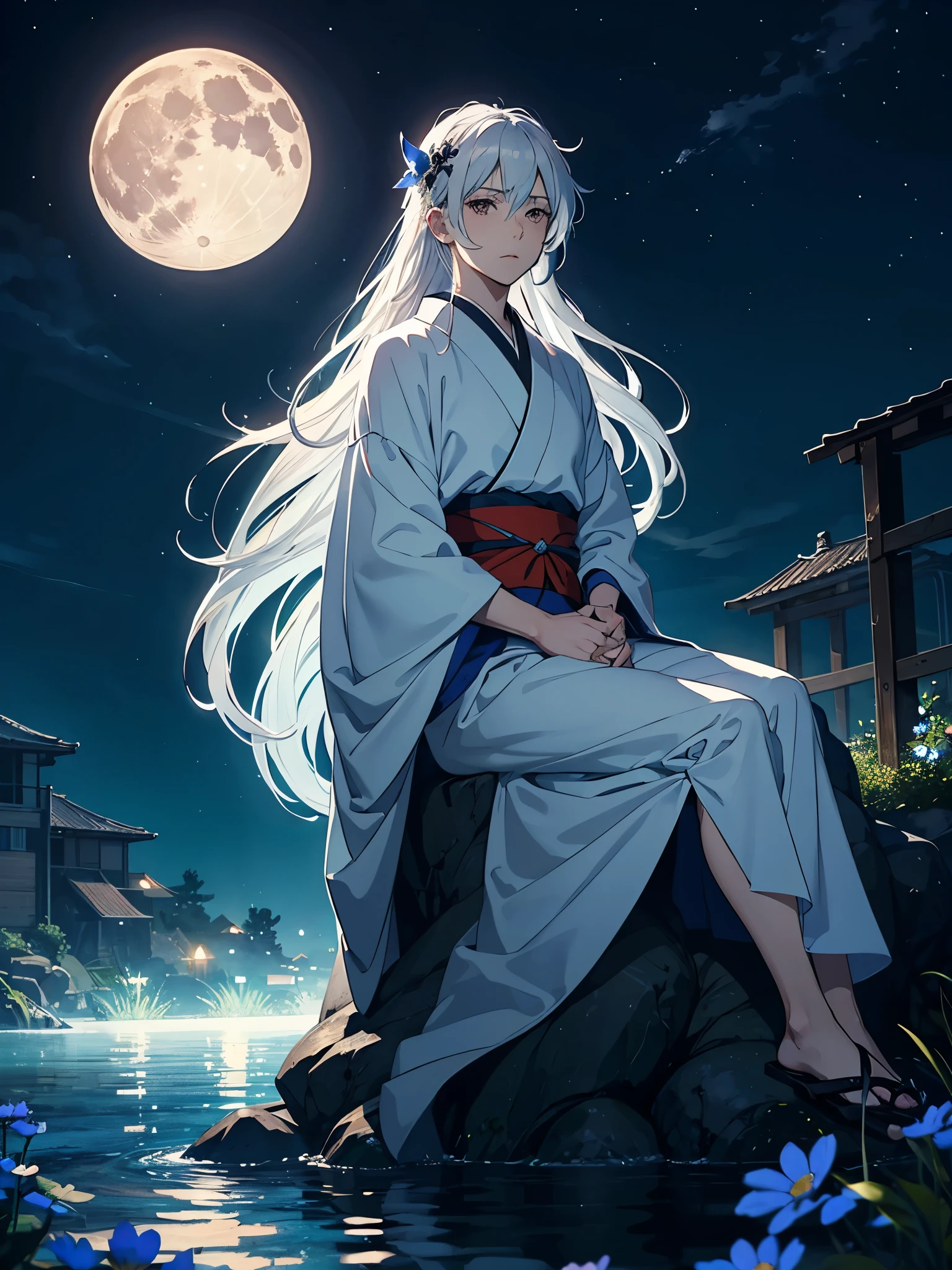 Kimono! day lights. More anime. light blue light. Bright bright light. magical. Moon. Sitting on a big white wolf. Lightening flowers. More anime. male. Blue flowers. Long hair. long white hair. aquatic, boy, God of the Moon, silver hair accessories, White hair.