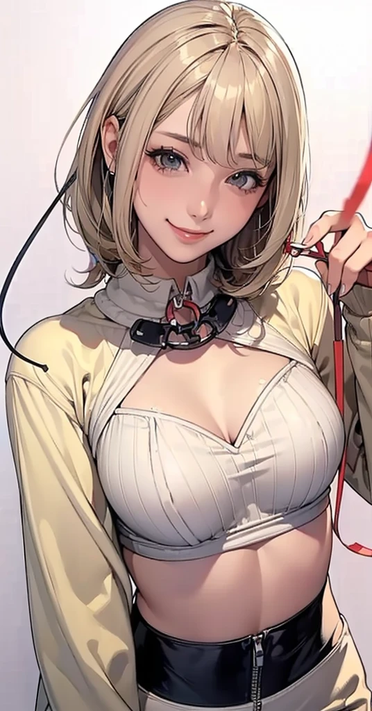(Slim blonde girl:1.45)、(Naughty leash:1.35)、(In normal cases, chest:1.25),(Look at this:1.35)、(Ecstatic smile with closed mouth:1.15)、(Asymmetrical medium length mannish hairstyle:1.15)