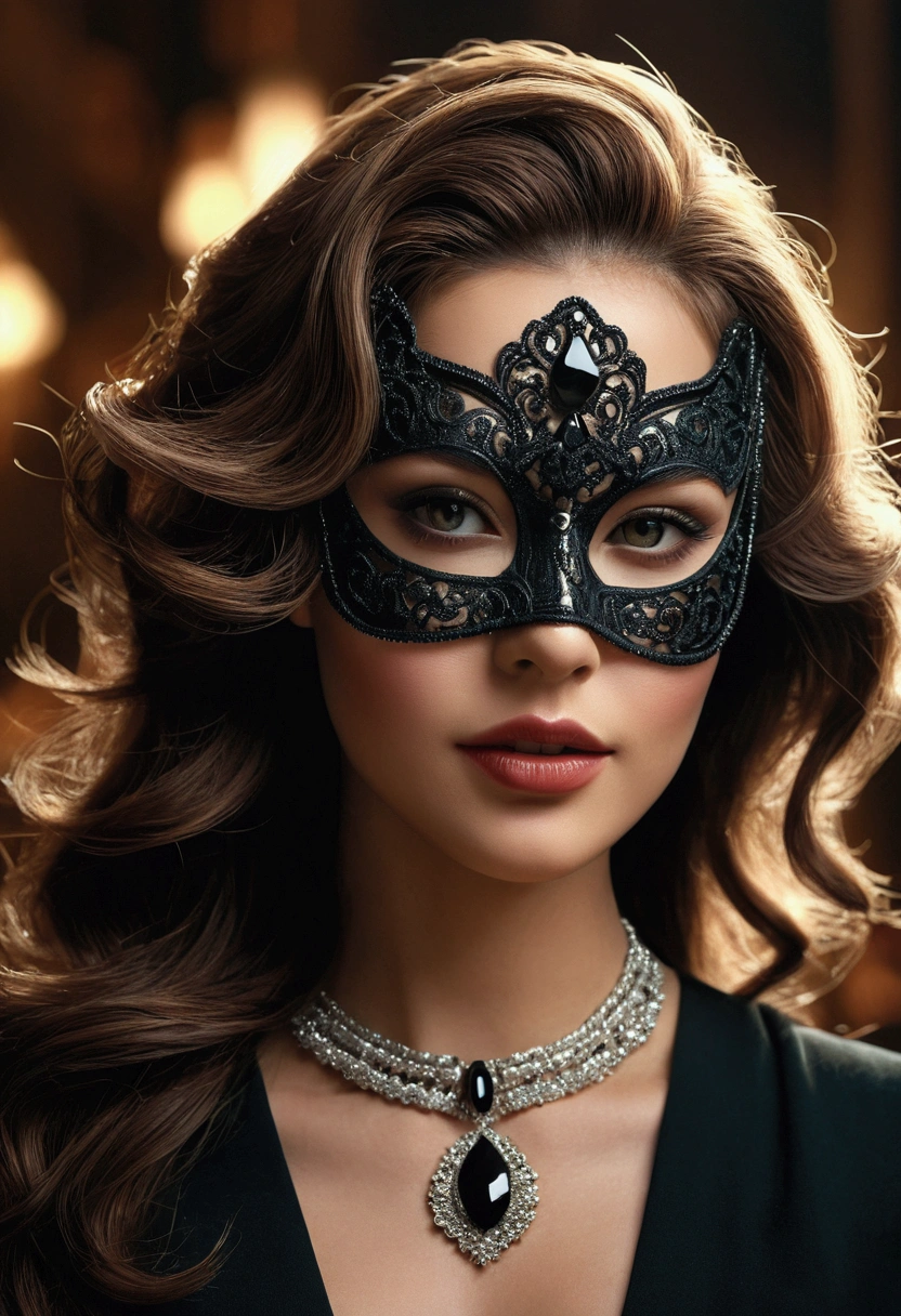 A beautiful woman with mask, two pure diabetics, densely durable, necklace and stylishly jewelry, (the best quality, 4K, 8k, highlights, masterpiece: 1.2), very detailed, (realistic, realistic, realistic pictures: 1.37), 1 girl, beautiful detailed eyes, beautiful, free, fluorides, black felt, hair flexible, high quality, hairdressers, dark hair, dark, lighting, lighting, high quality film, highlighting, high-end filming, style of sound, style of vogue, dark colors, mask colors, gums, rich colors,