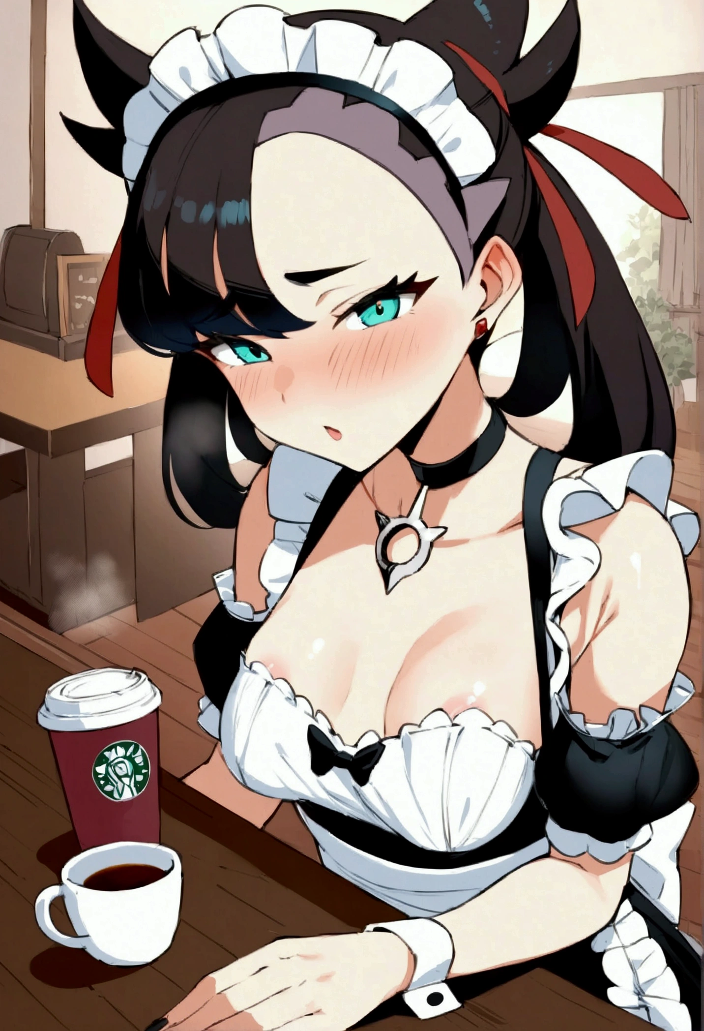 NSFW,masterpiece,Highest quality,High resolution,Super detailed,marnie_\(pokemon\),Aqua Eye, Black Choker, Red ribbon,Classic maid outfit,Headdress,Small breasts,blush,Coffee shop