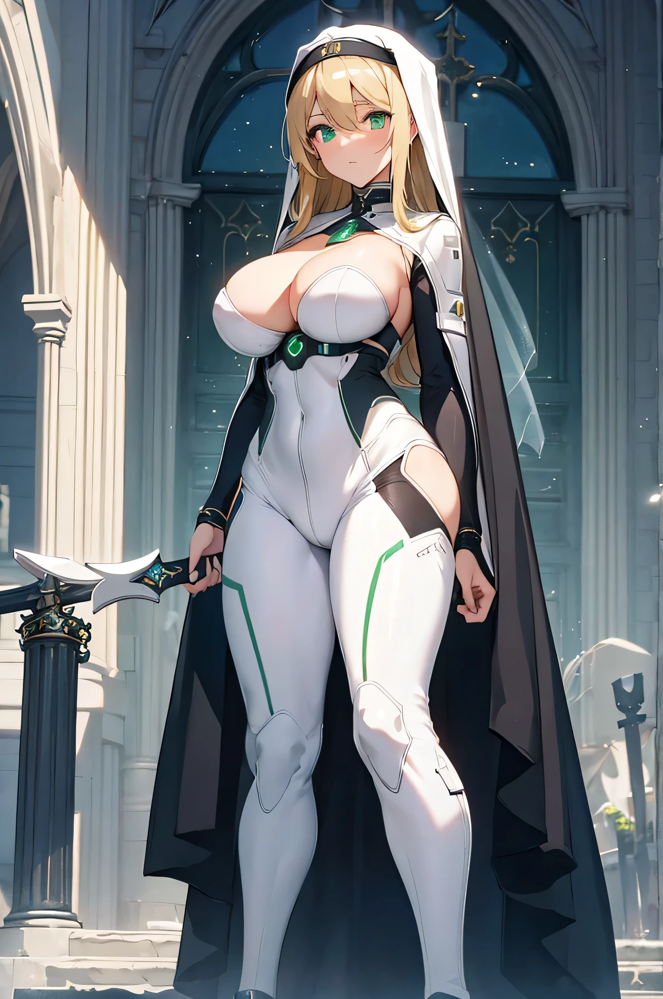 4K,High resolution,One Woman,Blonde,long hair,Green Eyes,Big Breasts,Nuns,A tight-fitting white cyber suit,Black shoes,White Veil,Holy Sword,City of the Future,In front of the church,Daytime Sky