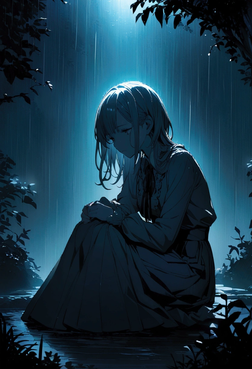 (Extremely detailed CG unity 8k wallpaper), Outdoor Garden，Beautiful young woman in the rain, skirt, sit, full_Body, dramatic, Backlight, Light, Volumetric Lighting, Delicate face, Simple background