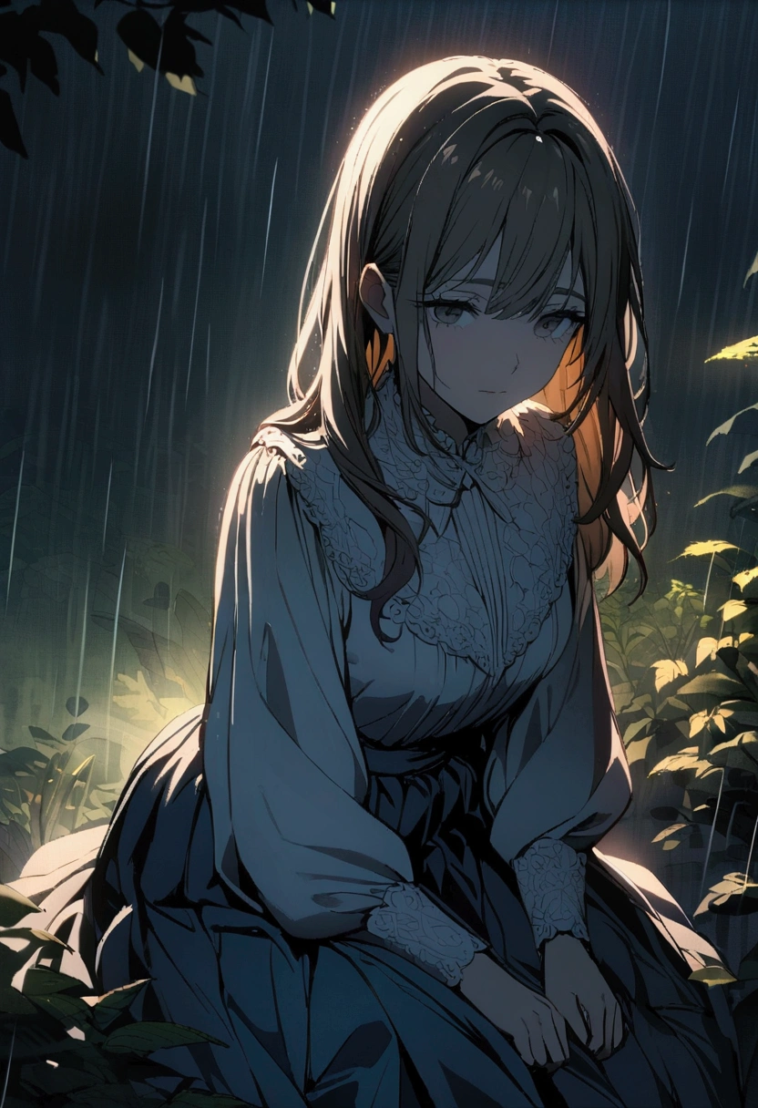 (Extremely detailed CG unity 8k wallpaper), Outdoor Garden，Beautiful young woman in the rain, skirt, sit, full_Body, dramatic, Backlight, Light, Volumetric Lighting, Delicate face, Simple background