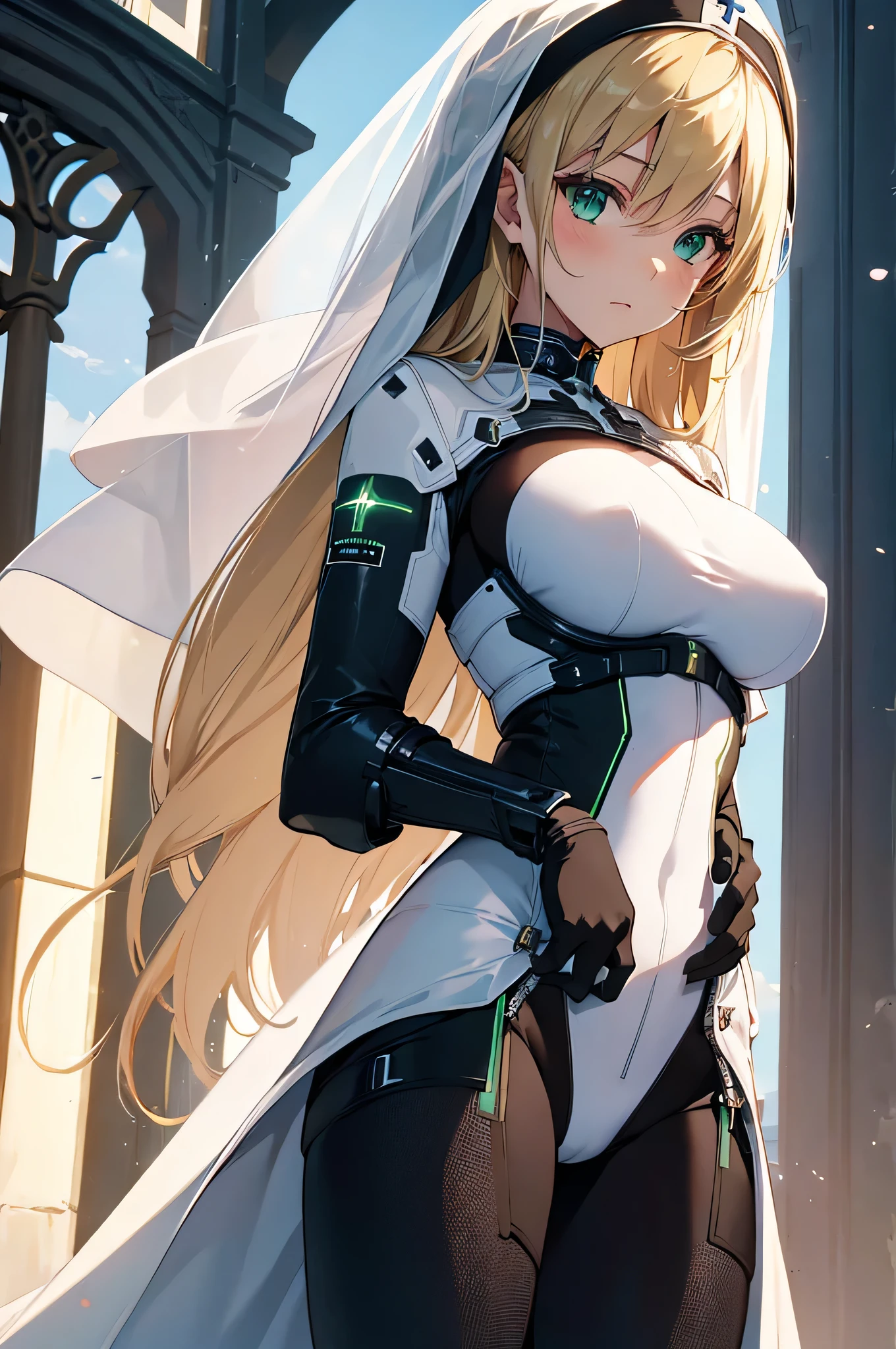 4K,High resolution,One Woman,Blonde,long hair,Green Eyes,Big Breasts,Nuns,A tight-fitting white cyber suit,White Veil,Holy Sword,City of the Future,In front of the church,Daytime Sky