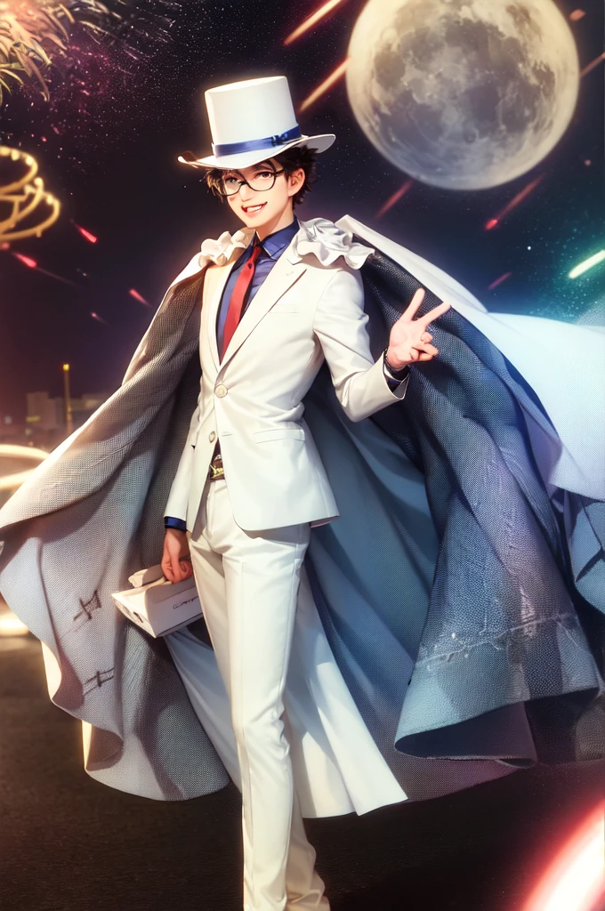 (masterpiece, Highest quality:1.2), Cowboy Shot, alone, Male Focus, One boy, Mukai Toki, smile, View your viewers, Top Hat, glasses, formal, suit, tie, Cape, White pants, night, performer \(null\)