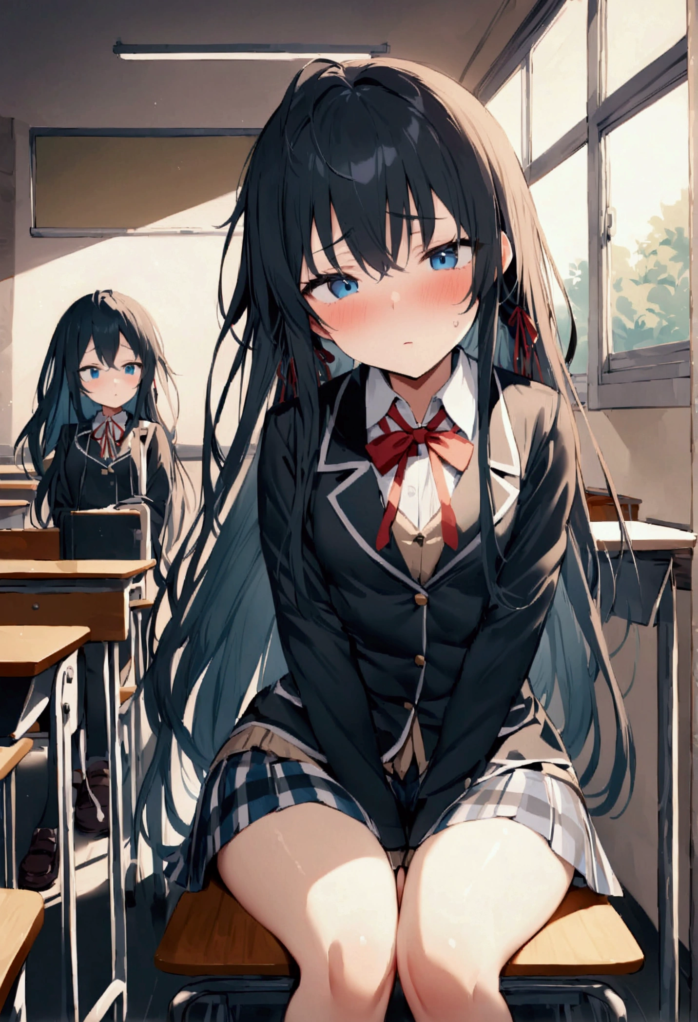 NSFW,masterpiece,Highest quality,High resolution,Super detailed,Yukinoshita Yukino\(My Youth Romantic Comedy is Wrong as Expected\),Black Hair,Long Hair,Light blue eyes,uniform,Small breasts,Dissatisfied face,School,classroom,machine,Chair,Chairに座っている