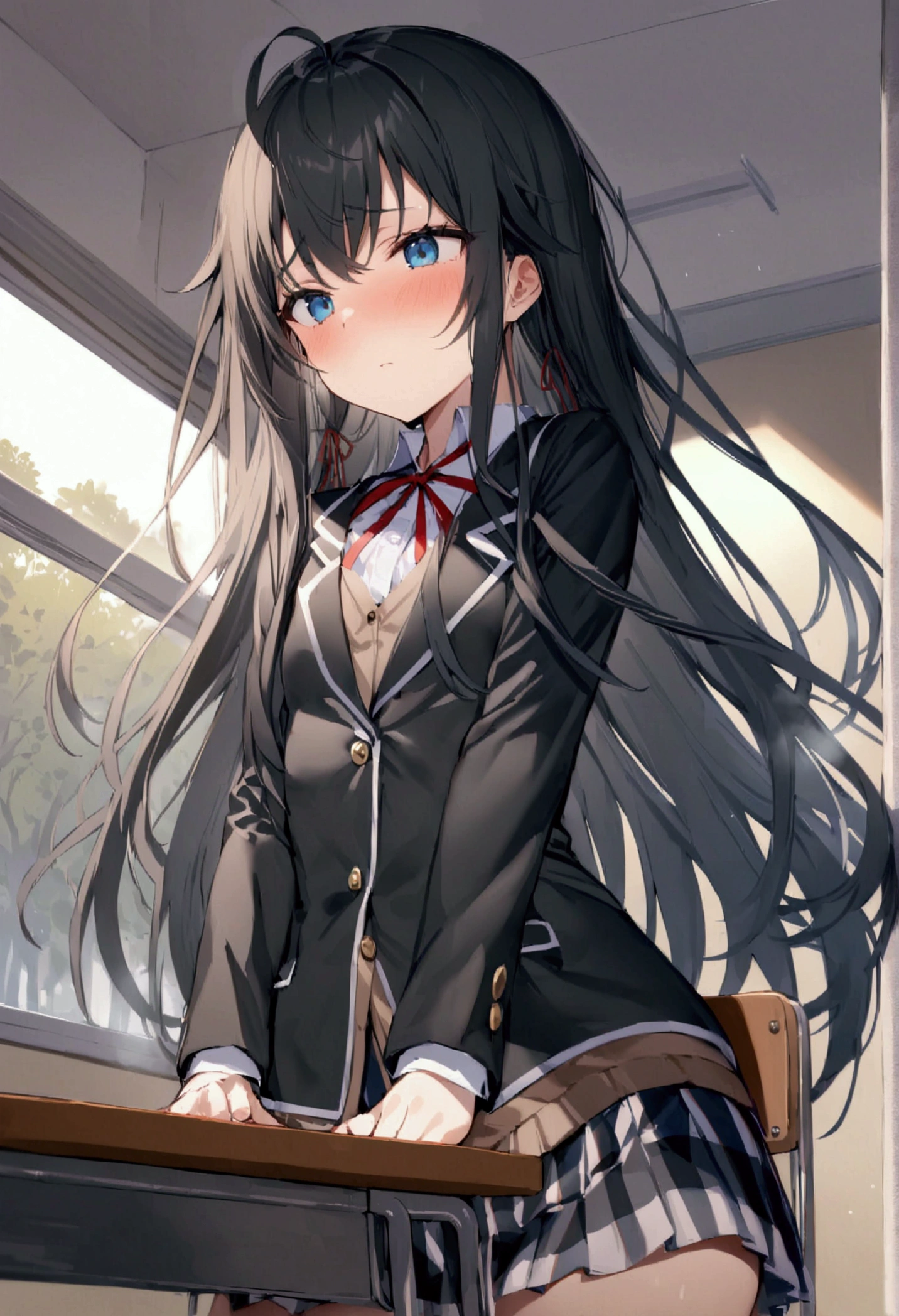 NSFW,masterpiece,Highest quality,High resolution,Super detailed,Yukinoshita Yukino\(My Youth Romantic Comedy is Wrong as Expected\),Black Hair,Long Hair,Light blue eyes,uniform,Small breasts,Dissatisfied face,School,classroom,machine,Chair,Chairに座っている