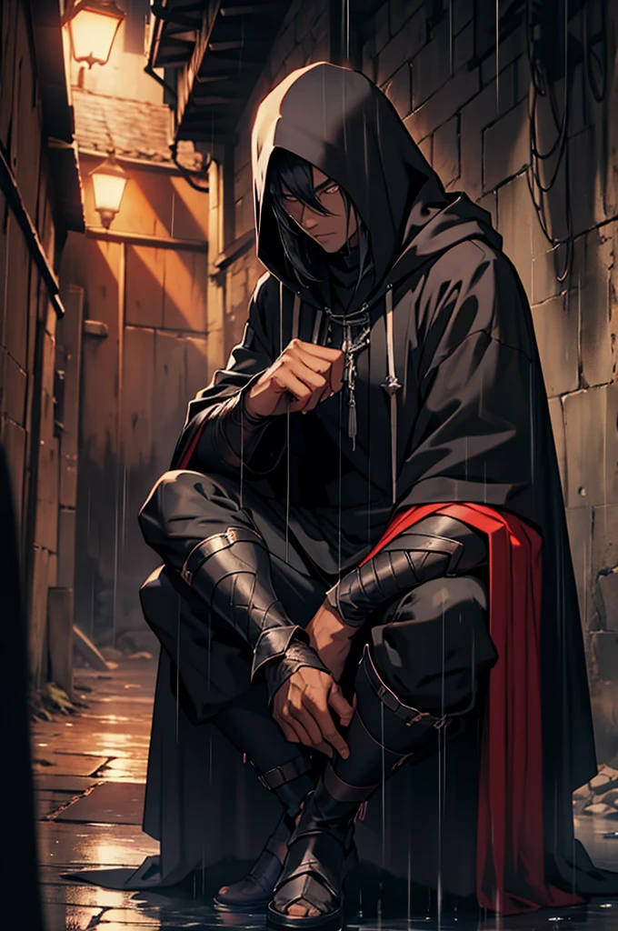 long hair black man, hooded with black cloak, face shadowed by hood, Sitting with legs crossed, sheathed sword propped against his body, pool of blood next to him, underground dark alley at night with rain