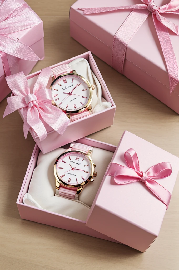 Transparent Gift box which contain watch with pink ribbon and cream decoration flower outside
