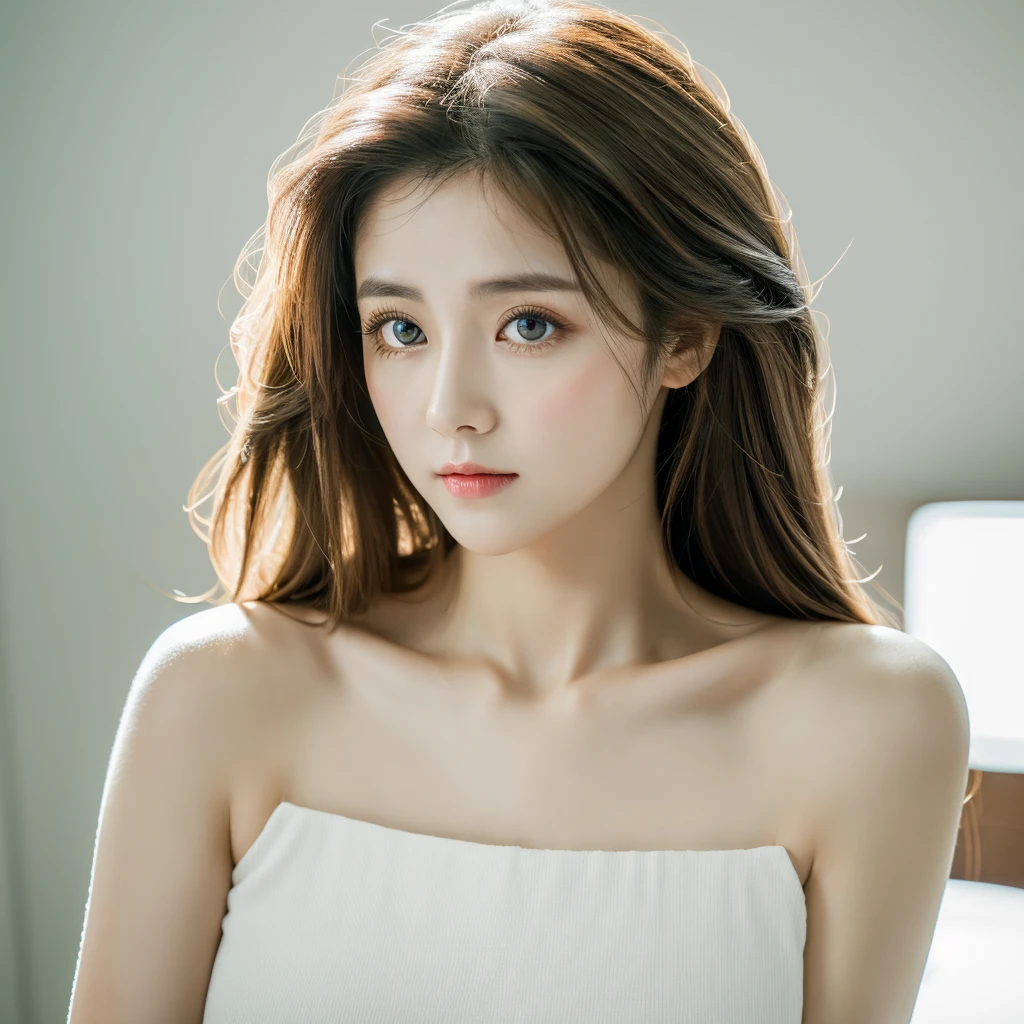 best quality soft light, ultra high RAW photo, 1 korean girl, solo,detailed beautiful face, (big chest),(high resolution detail of human skin texture), (long white highlight color hair), indoor,white long Dress, (portrait)big eyes,small lip,slim body, side look