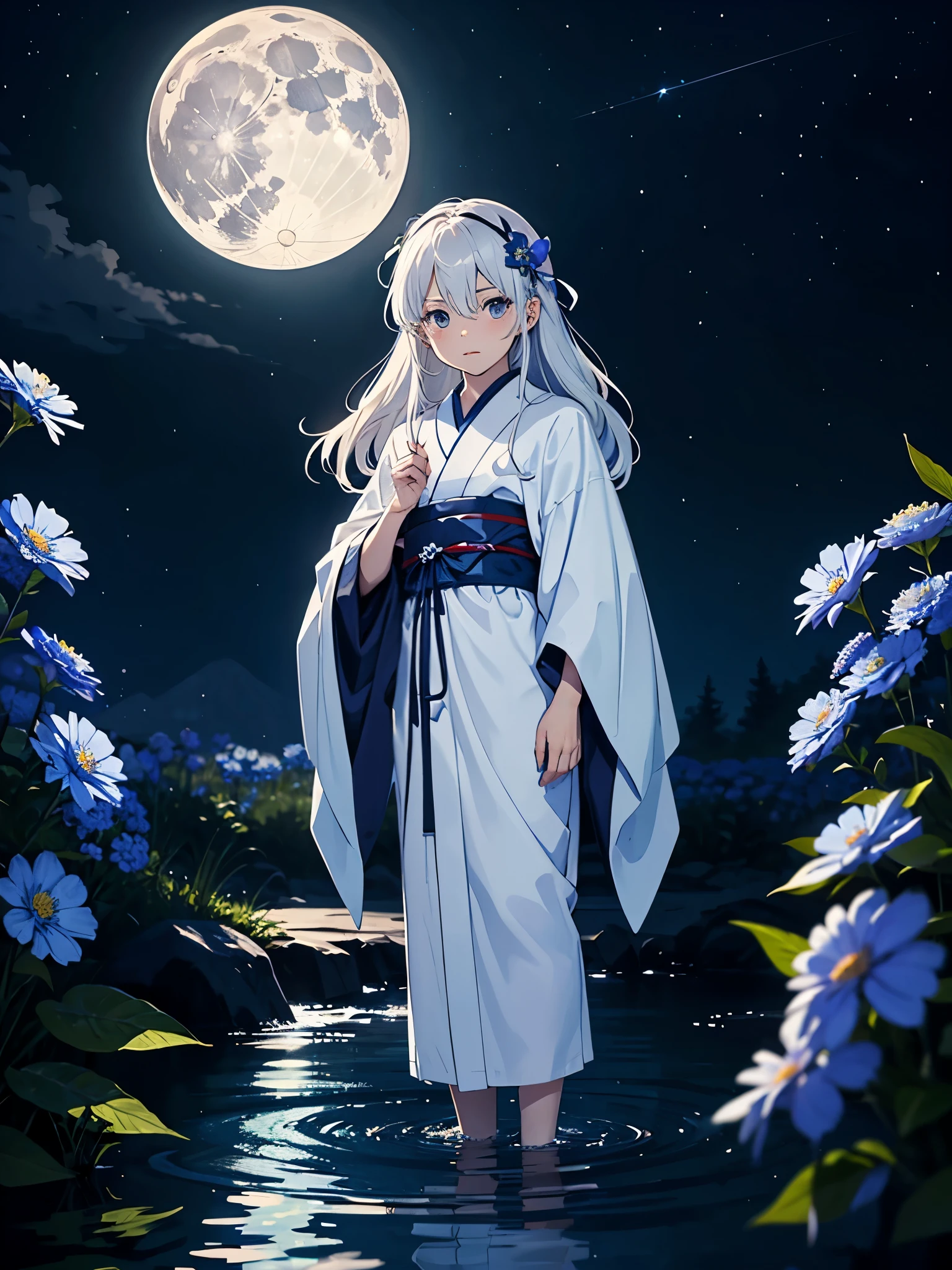 Blue flowers. Blue Japanese Kimono. . cutie pie. Younger. More anime. male. Light Blue flowers. Long hair. long white hair. aquatic, boy, God of the Moon, silver hair accessories, White hair, White dress, cape, at night.