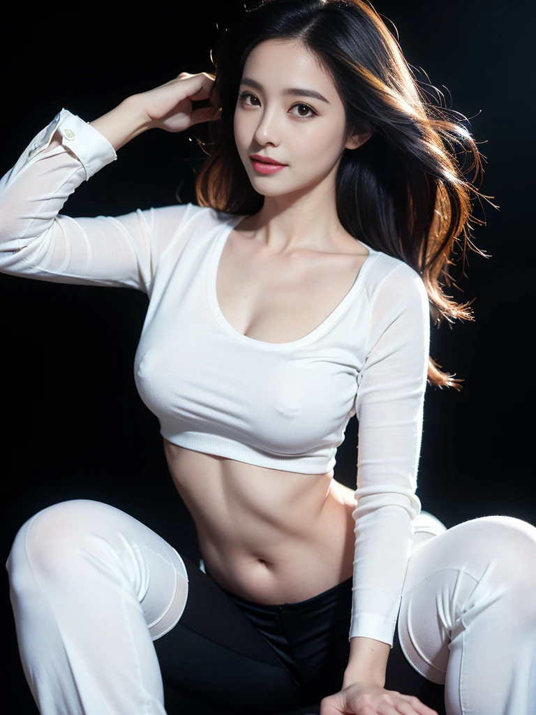 (highest image quality:1.35), high quality, Realistic photo, (A beautiful woman:1.33), beautiful expression, (delicate eyes:1.3), (delicate face:1.3 ), Smile, (slick hair:1.2), Super detailed , high resolution, athletic figure, (big breasts:1.25), (long hair:1.2), (beautiful woman), ( Cute navel:1.2), (Depth of field f/1.8:1.45 ), sharp focus, original photo , (Thin white shirt:1.45), (Thin black pants:1.4), (Thin tight bloack pants: 1.4 ), (Thick thighs:1.5), (Forward:1.25), (cowboy photo: 1.4), (Sports, black background :1.4 ), (black background:1.5 ),