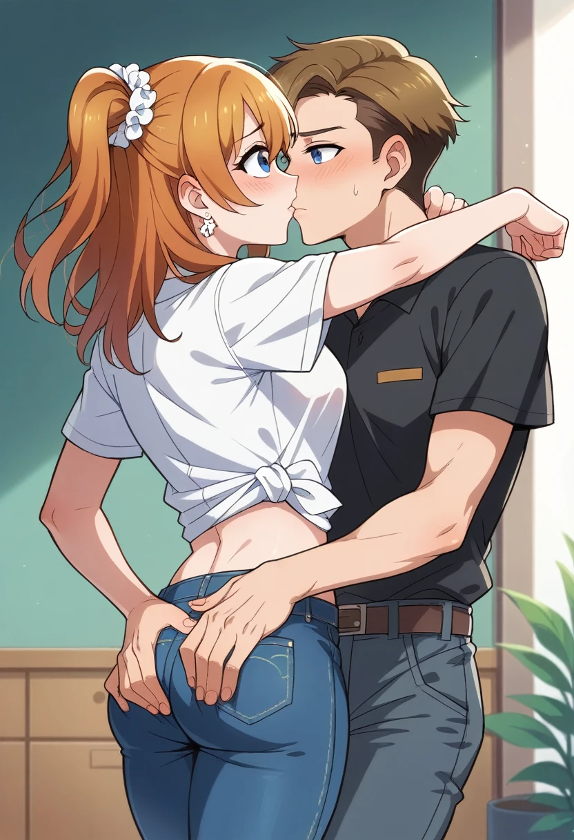 (Masterpiece, Best Quality, High Quality), professional artwork, well drawn, Intricate Details,(((a big boy and a girl looking at each other))),eye contact,Kousaka honoka, room,  earring, blushing, t-shirt, midriff, denim pants, facing each other, before kiss, curvy hip, blue eyes ,ass grab 