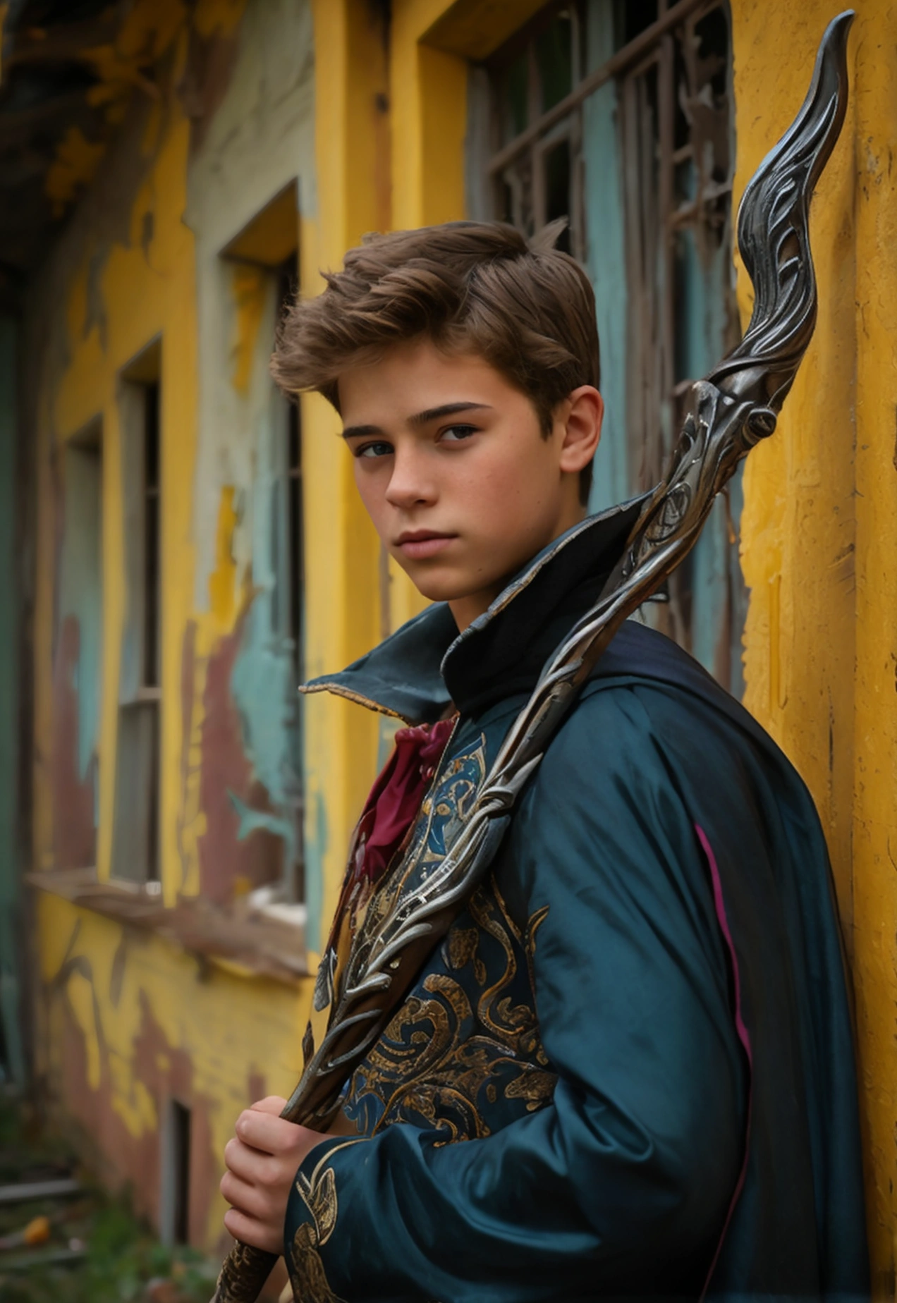 Realistic photo of solo handsome teenage men ,Standing In front of an abandoned house ,holding a wizard staff