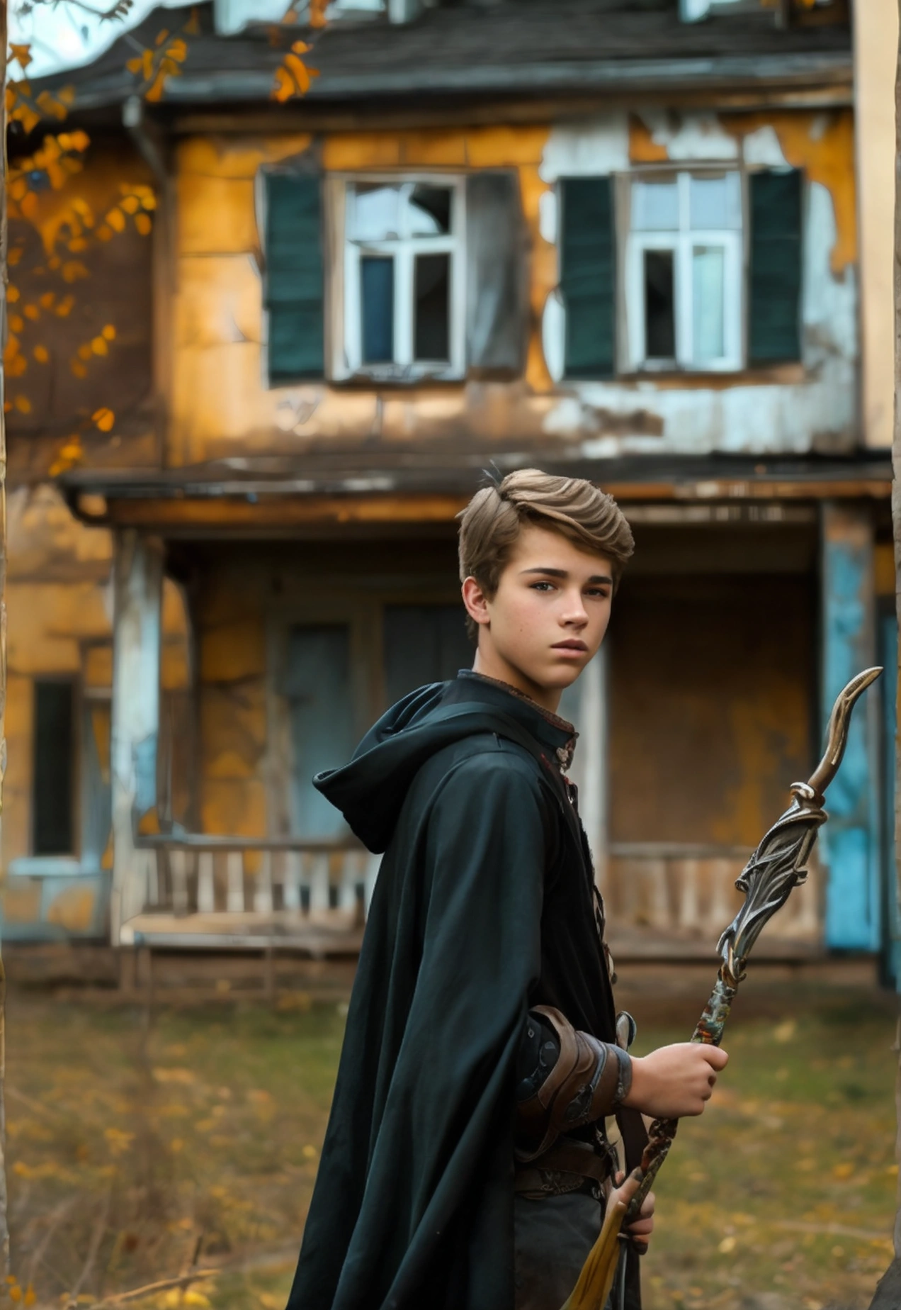 Realistic photo of solo handsome teenage men ,Standing In front of an abandoned house ,holding a wizard staff