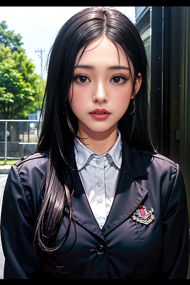 One girl, Long black hair, Uniform, shy, blush, Wet, rain, transparent, (masterpiece, Highest quality), Soft Light, Structure of the film, Cinematic Light