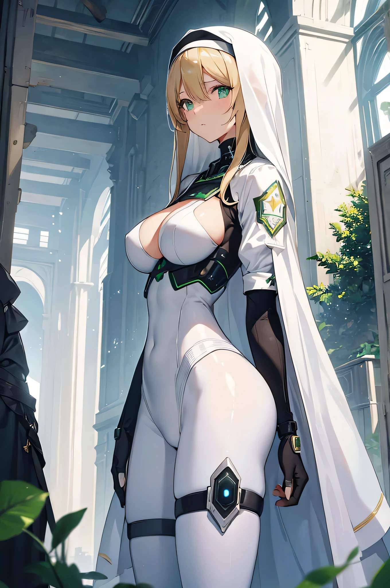 4K,High resolution,One Woman,Blonde,long hair,Green Eyes,Big Breasts,Nuns,A tight-fitting white cyber suit,White Veil,Holy Sword,City of the Future,In front of the church,Daytime Sky