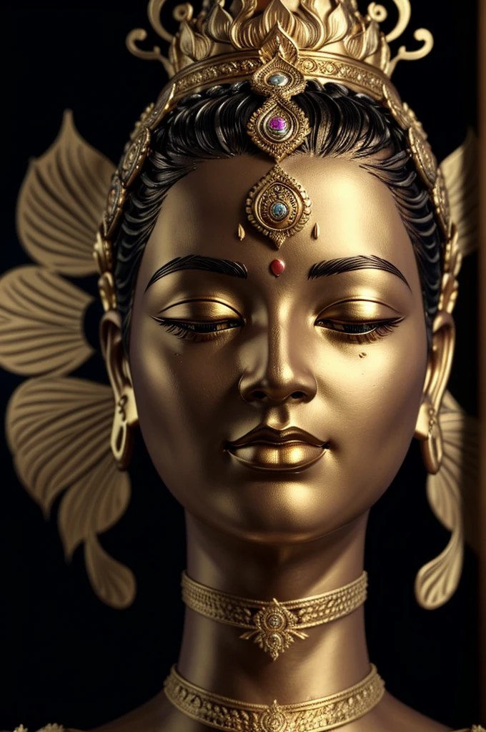 a beautiful detailed portrait of lord buddha,intricate detailed facial features,extremely detailed eyes and face,longeyelashes,serene expression,golden headpiece,glowing aura,ornate detailed robe,lotus flower,warm lighting,cinematic composition,photorealistic,4k,8k,highres,masterpiece:1.2,ultra-detailed,realistic,photorealistic,photo-realistic:1.37,vivid colors,studio lighting,physically-based rendering