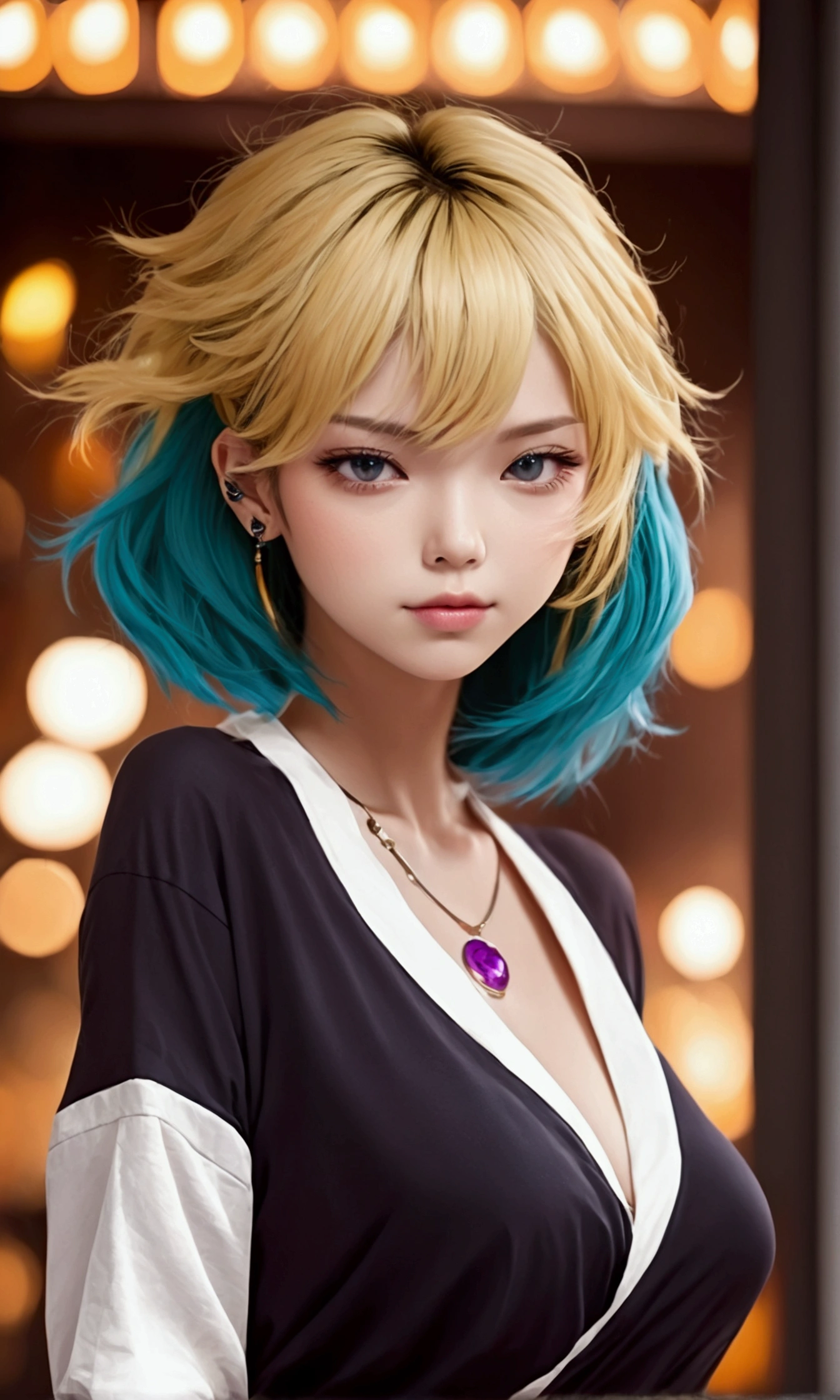 A girl with blue hair and tattoos on her chest， in the style of Kawacy's art style， anime-inspired illustrations， colorful cartoon illustration， yellow eyes， light orange and dark cyan， oshare kei， big breast，portrait of an attractive woman with long bob cut black bangs， gothic fashion theme， vibrant and vivid colors， tattooed neck skin， detailed facial features， in the style of Atey Ghailan， J.C depicts Gothic beauty in the background,