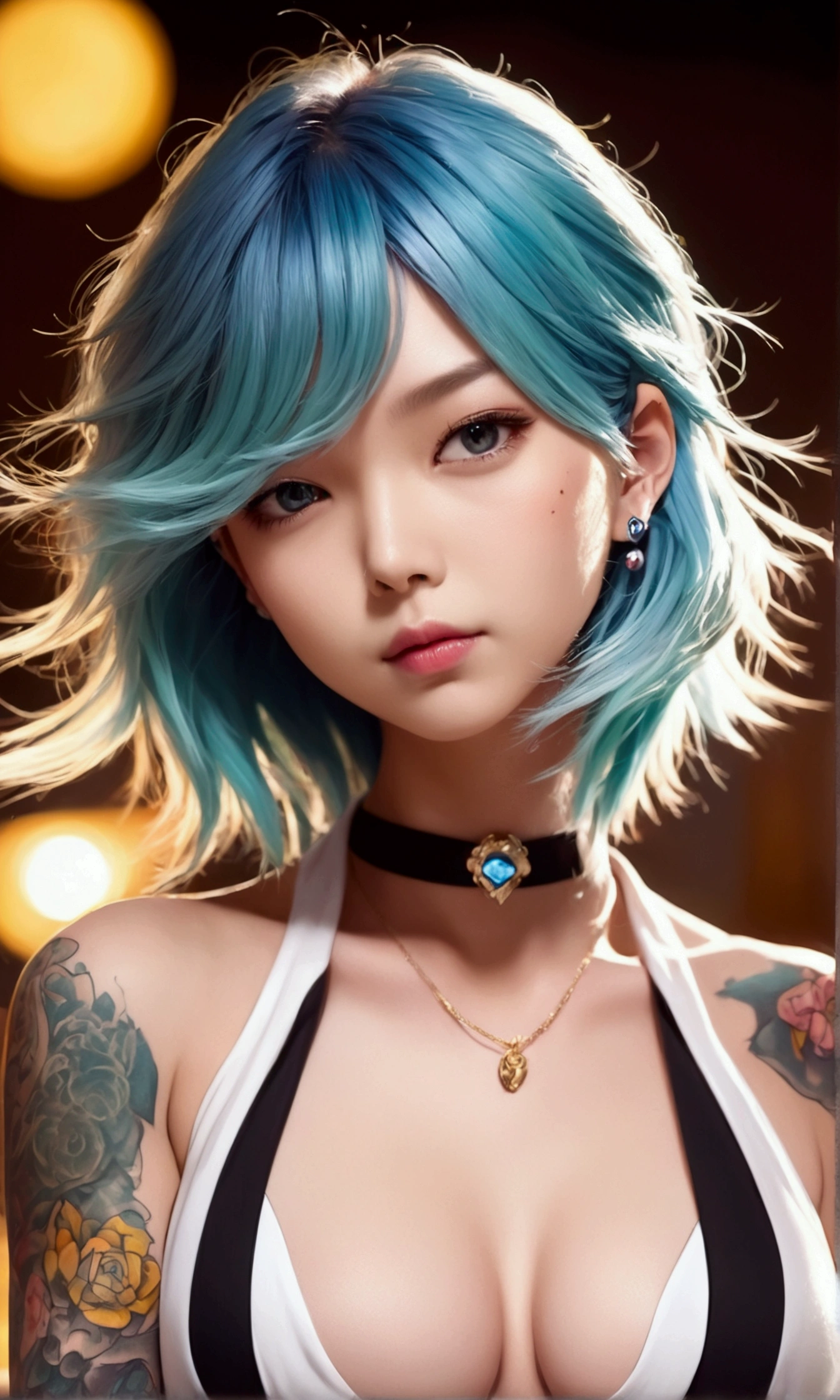 A girl with blue hair and tattoos on her chest, in the style of Kawacy's art style, anime-inspired illustrations, colorful cartoon illustration, yellow eyes, light orange and dark cyan, oshare kei, big breast,portrait of an attractive woman with long bob cut black bangs, gothic fashion theme, vibrant and vivid colors, tattooed neck skin, detailed facial features, in the style of Atey Ghailan, J.C depicts Gothic beauty in the background,