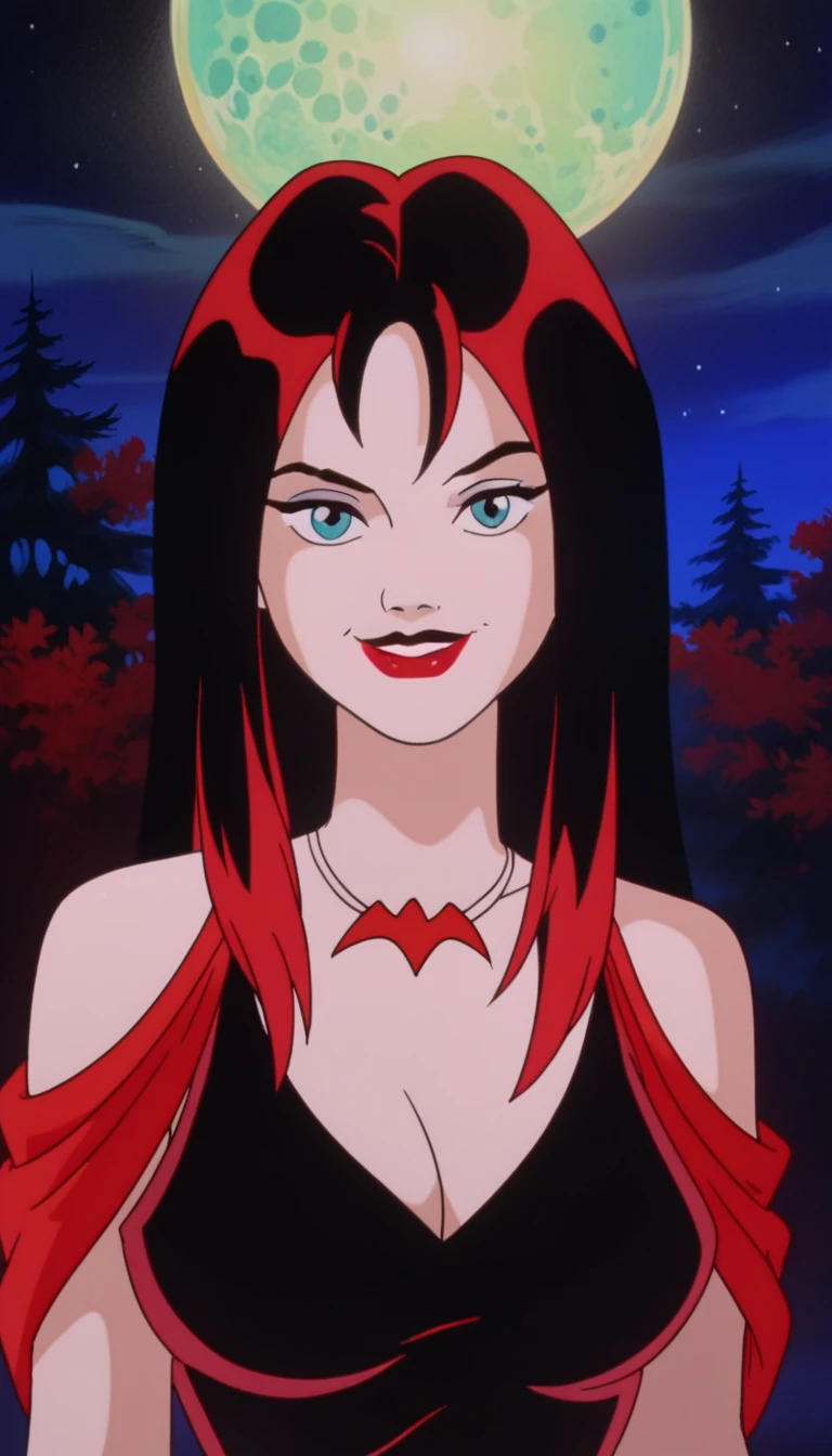 score_9, score_8_up, score_7_up, zPDXL, Thornhex, black hair, red highlights , SD90style, retro artstyle, source_cartoon, 2D, 1girl, red nails, blue eyes, red lips, black dress, long hair, looking at viewer, breasts, lipstick, makeup, upper body, smile, fill body