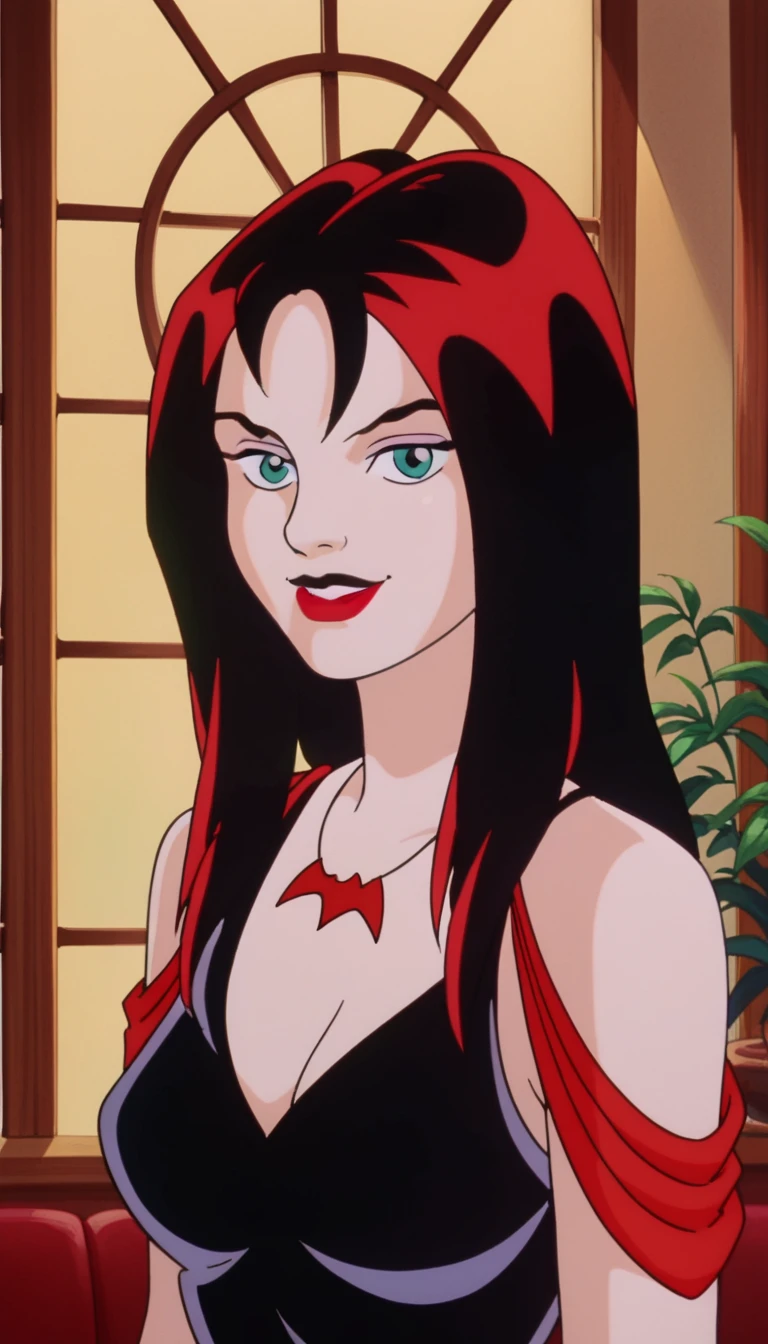 score_9, score_8_up, score_7_up, zPDXL, Thornhex, black hair, red highlights , SD90style, retro artstyle, source_cartoon, 2D, 1girl, red nails, blue eyes, red lips, black dress, long hair, looking at viewer, breasts, lipstick, makeup, upper body, smile, fill body