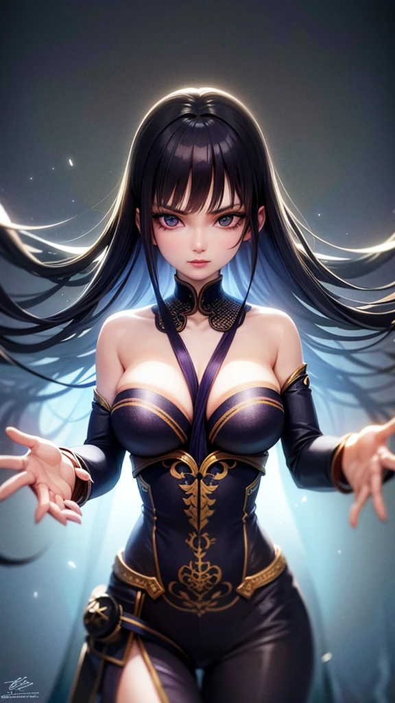 a beautiful young woman, 18 years old, long dark hair, striking bright blue eyes, serious expression, wearing traditional japanese clothing, manipulating purple lightning bolts, summoning thunderstorms, wielding powerful magic, dramatic lighting, dark atmosphere, (best quality,4k,8k,highres,masterpiece:1.2),ultra-detailed,(realistic,photorealistic,photo-realistic:1.37),HDR,UHD,studio lighting,ultra-fine painting,sharp focus,physically-based rendering,extreme detail description,professional,vivid colors,bokeh,dark fantasy,concept art