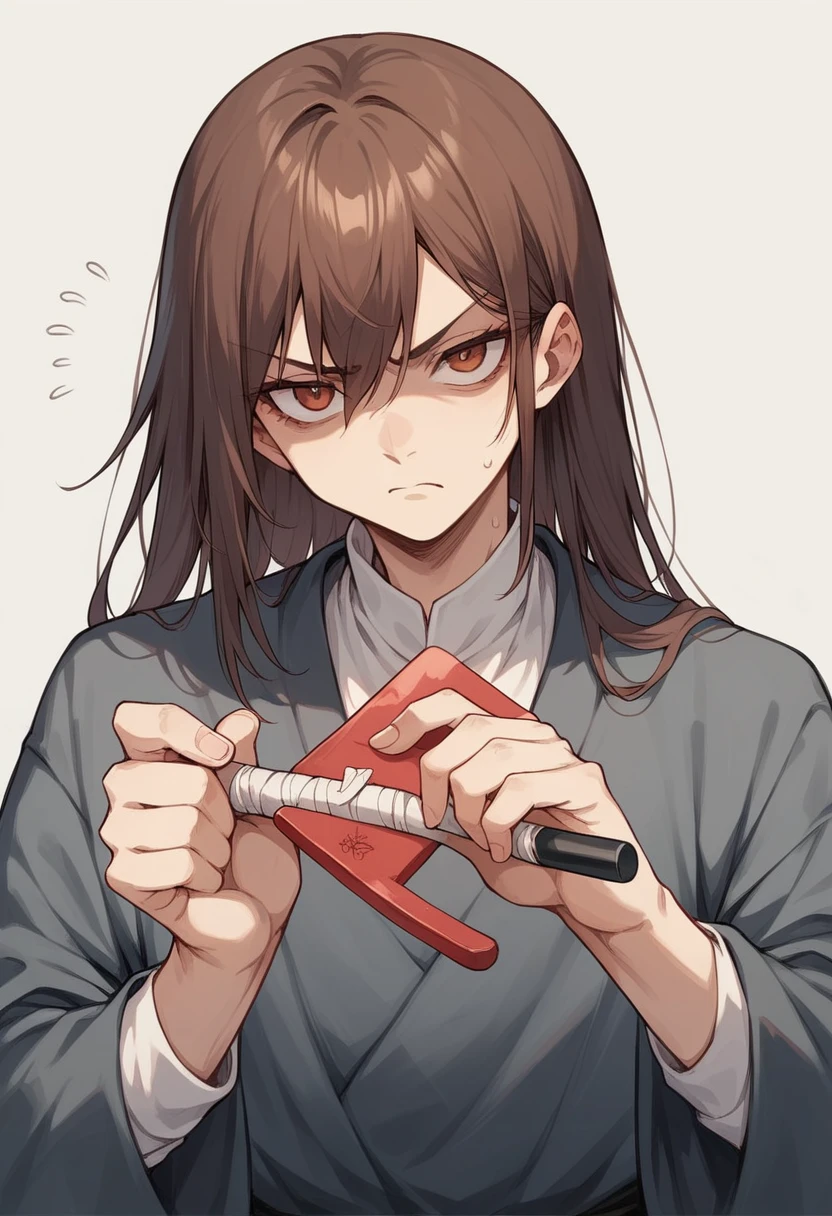 uchiha girl, long brown hair with bangs, holding a kunai, intimidating