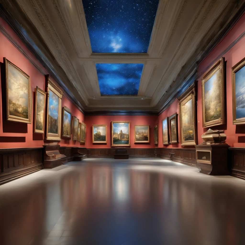 museum, the picture on the wall represents a snowstorm, the hall in the museum is full of snow falling from the picture on the wall