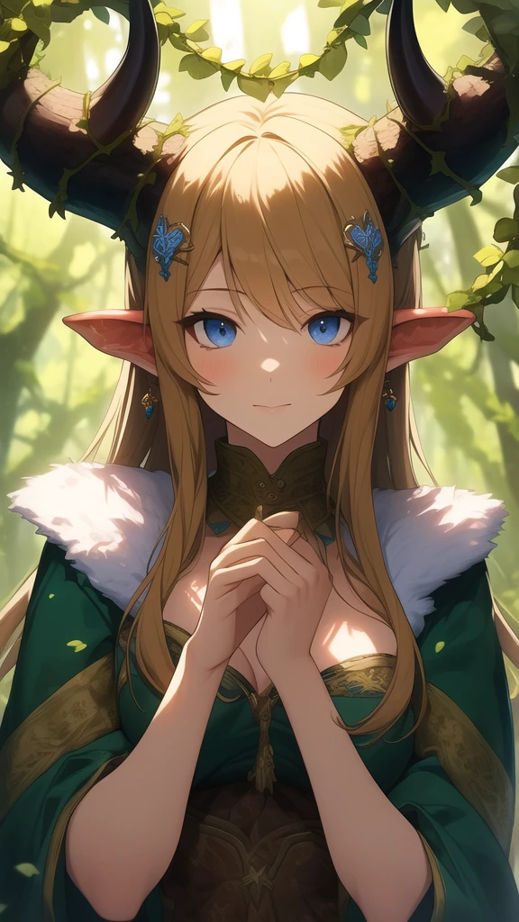 ((best quality)), ((masterpiece)), (detailed), perfect face, Fantasy, yellow medieval summer girl, concept, vines on the hand and horns from vines looking at viewer, forest