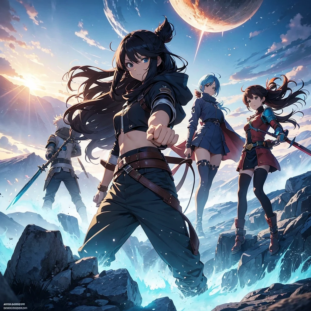 Adventure Quest: A group of diverse anime characters, each with unique abilities and weapons, embarking on an epic quest through a vast and treacherous landscape, ready for adventure.