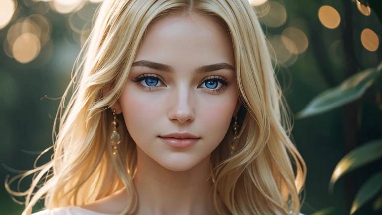 Imagine a portrait of a young, elegant woman. She has blue eyes that catch the light brilliantly and a soft smile that lights up her face. Her blonde hair falls naturally in soft waves around her shoulders, reflecting a healthy glow.

The woman is facing the camera, conveying a feeling of confidence and serenity. His expression is serene and welcoming, suggesting a warm and approachable personality. She is wearing an elegant, understated blouse that complements her naturally beautiful appearance.

The background of the image is blurred, highlighting the woman's figure even more and emphasizing her delicate features and her aura of tranquility. The soft light brings out the blue tones in your eyes and brings a subtle glow to your blonde locks.

This image conveys a sense of timeless beauty and a presence that is both captivating and comforting. It is a portrait that captures not only the physical appearance but also the inner essence of the woman, inviting the viewer to connect with her calm and natural elegance.