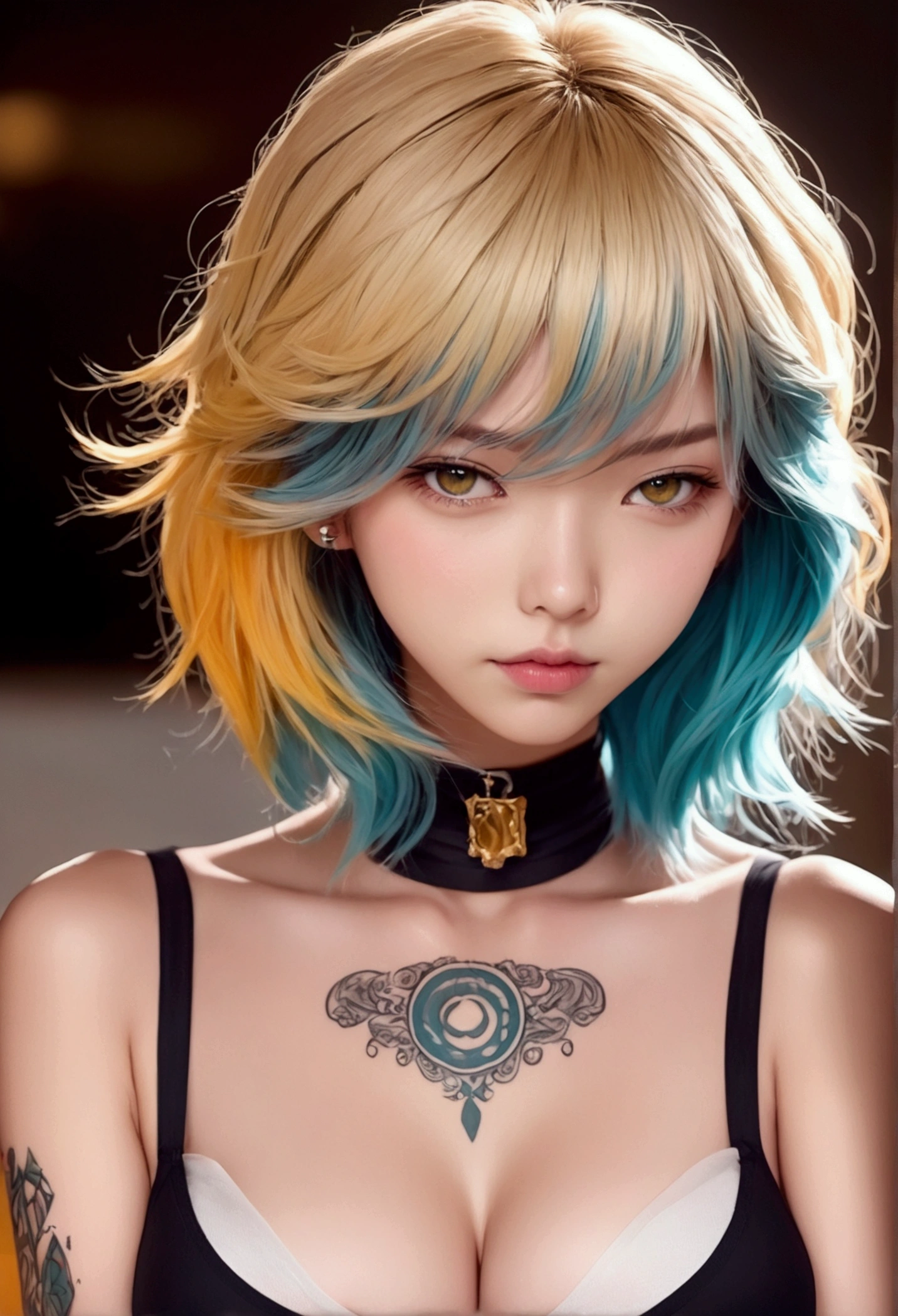 A girl with blue hair and tattoos on her chest， in the style of Kawacy's art style， anime-inspired illustrations， colorful cartoon illustration， yellow eyes， light orange and dark cyan， oshare kei， big breast，portrait of an attractive woman with long bob cut black bangs， gothic fashion theme， vibrant and vivid colors， tattooed neck skin， detailed facial features， in the style of Atey Ghailan， J.C depicts Gothic beauty in the background,