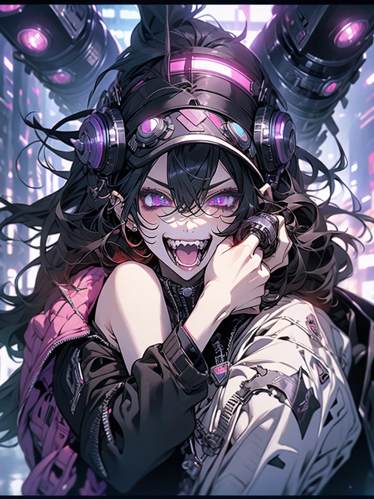 woman、Early 20s、cyber punk、Wicked Smile、Black Hair、Long Hair、Multicolored Hair、Purple Eyes、breast enhancement、sexy、sexyなポーズ、Tight combat suit、R-18